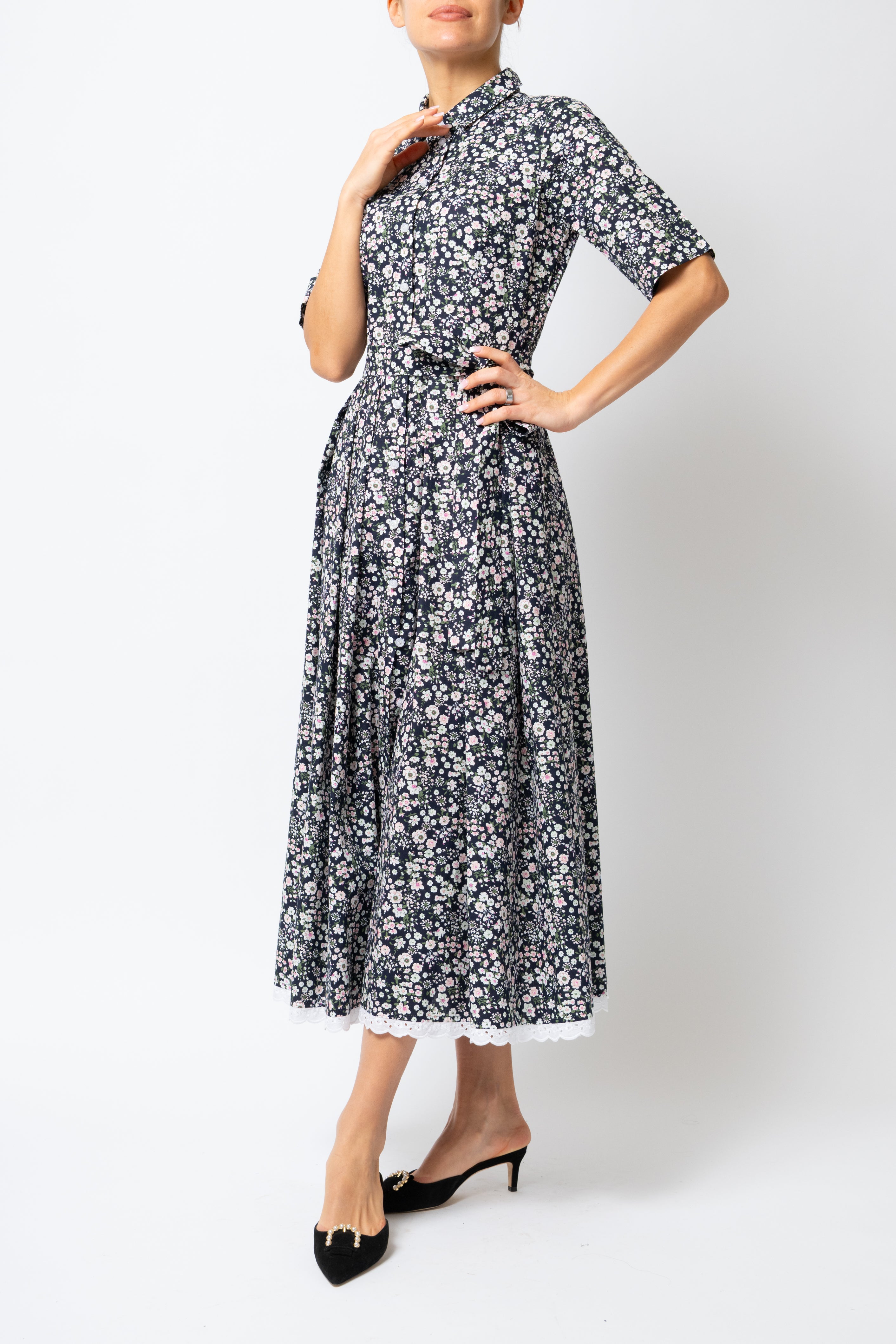 Rochie Camasa Midi, din Bumbac, cu Flori Mici pe Negru