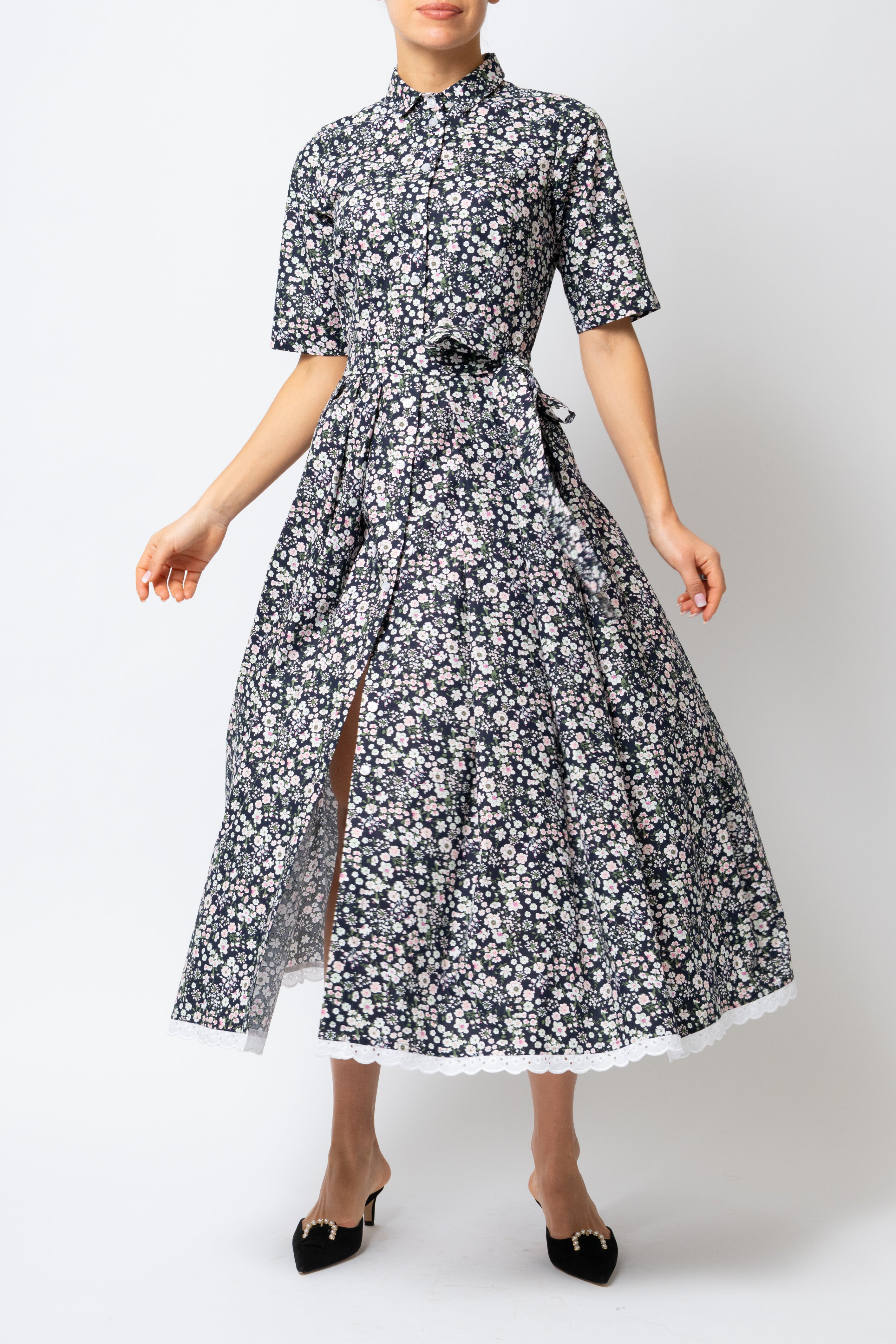 Rochie Camasa Midi, din Bumbac, cu Flori Mici pe Negru