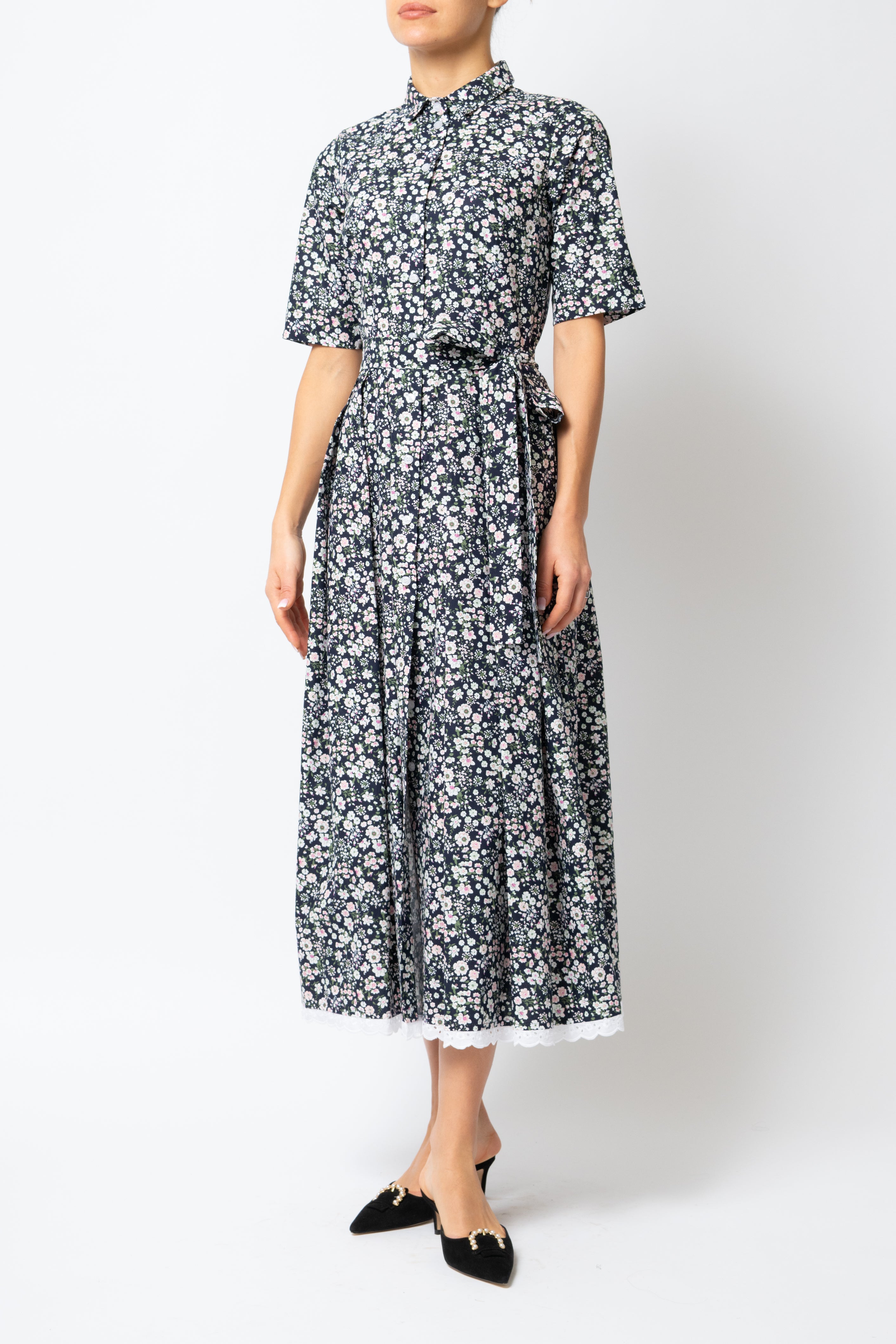 Rochie Camasa Midi, din Bumbac, cu Flori Mici pe Negru
