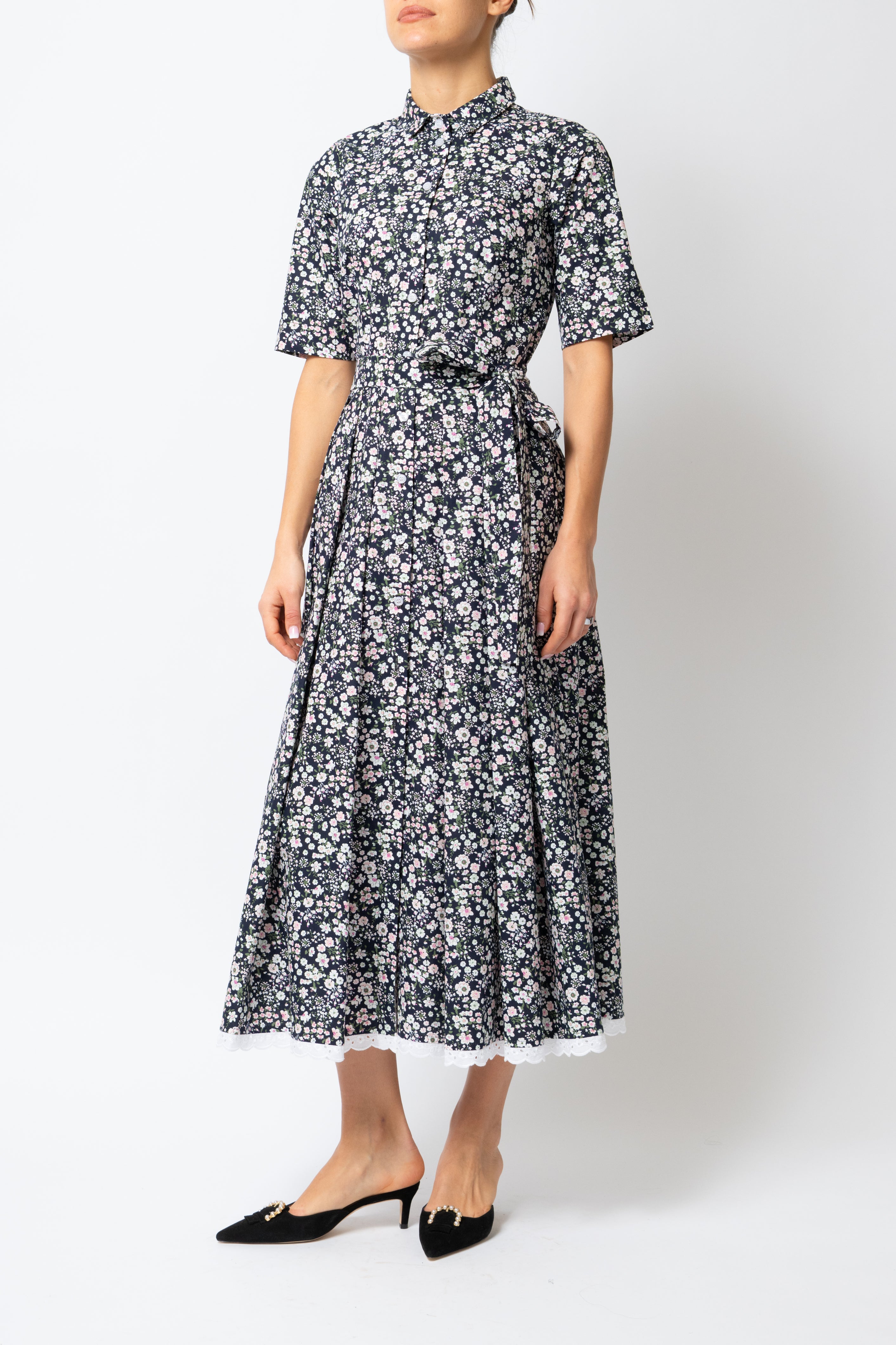 Rochie Camasa Midi, din Bumbac, cu Flori Mici pe Negru