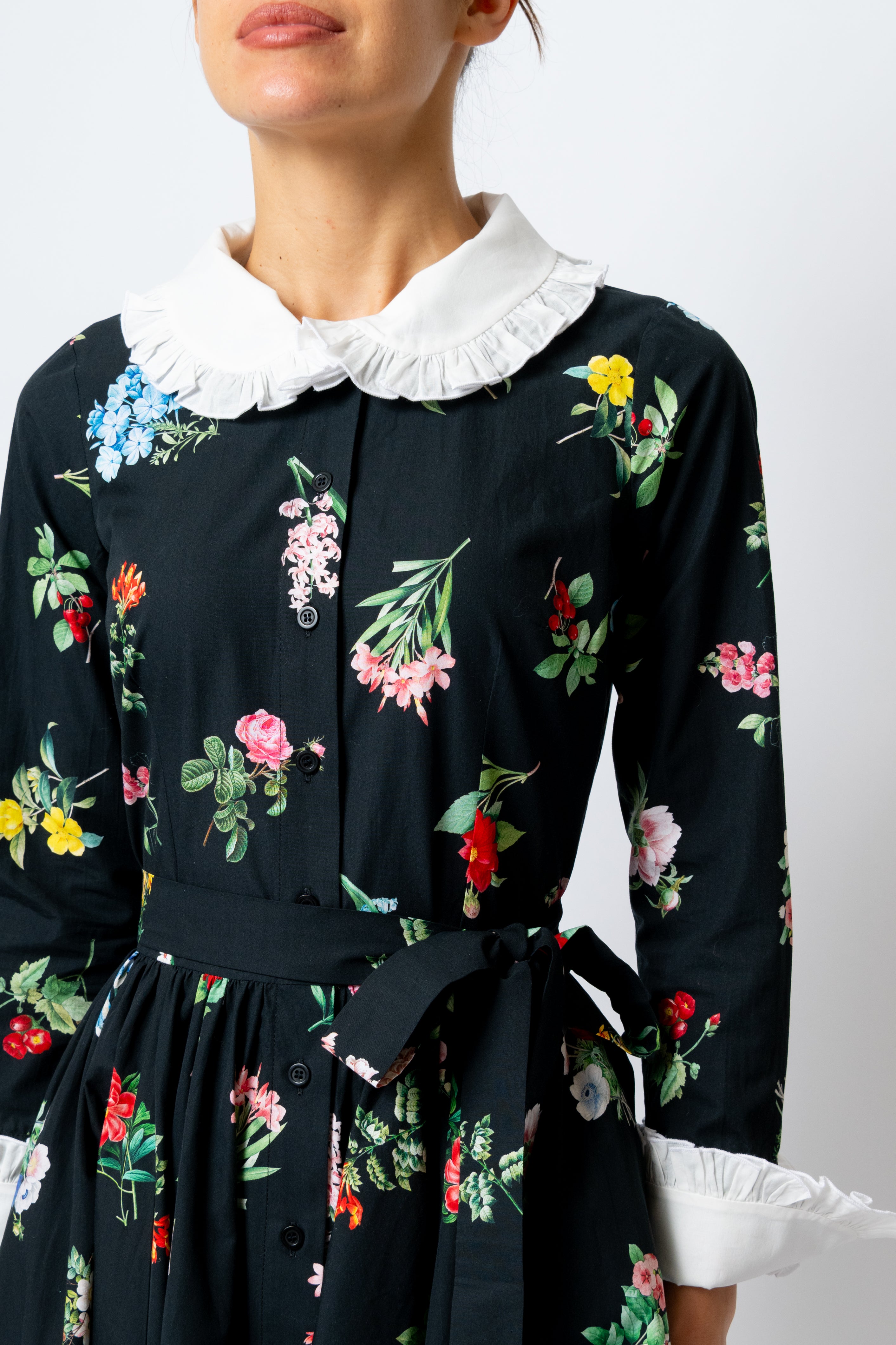 Milla Milla midi dress with floral print on black background – limited edition, available by pre-order only