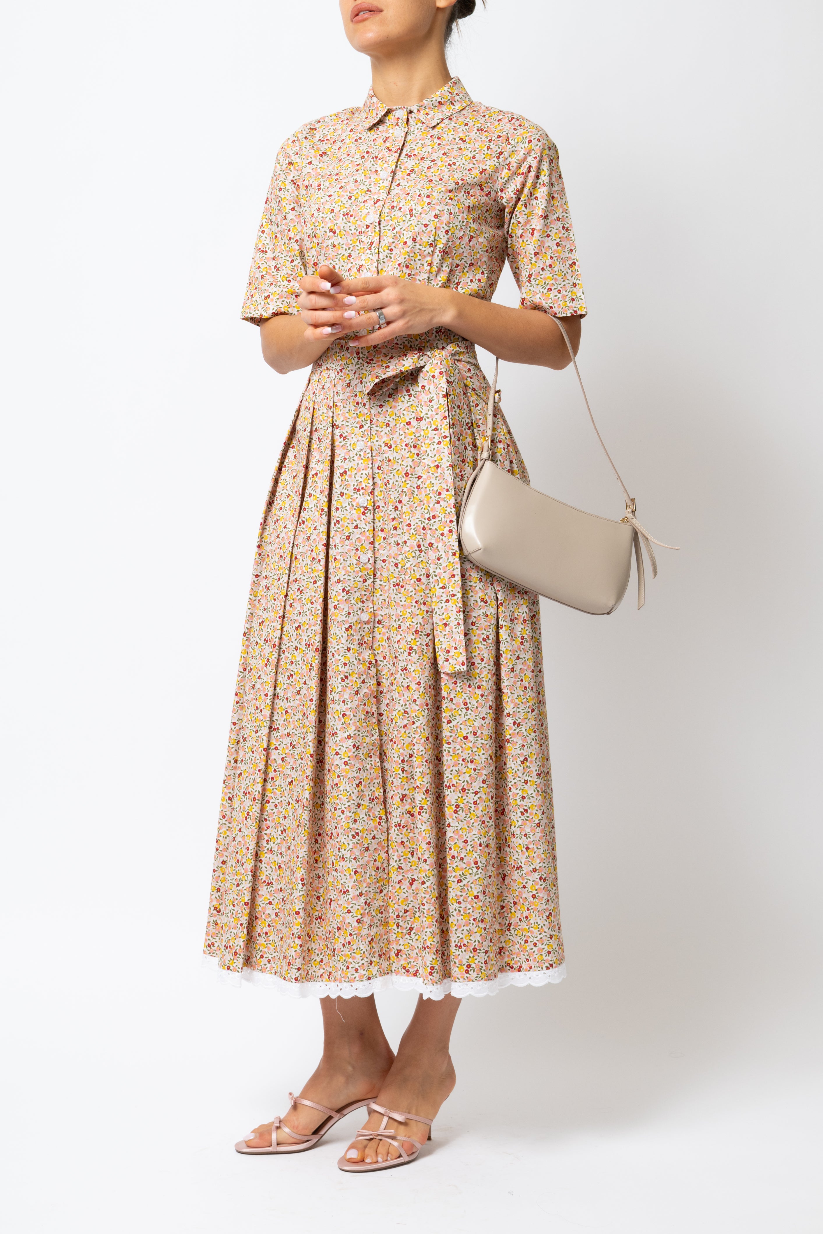 Rochie Camasa Midi, din Bumbac, cu Flori Multicolor pe Alb
