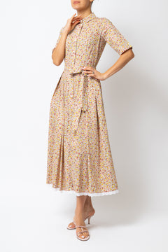 Rochie Camasa Midi, din Bumbac, cu Flori Multicolor pe Alb