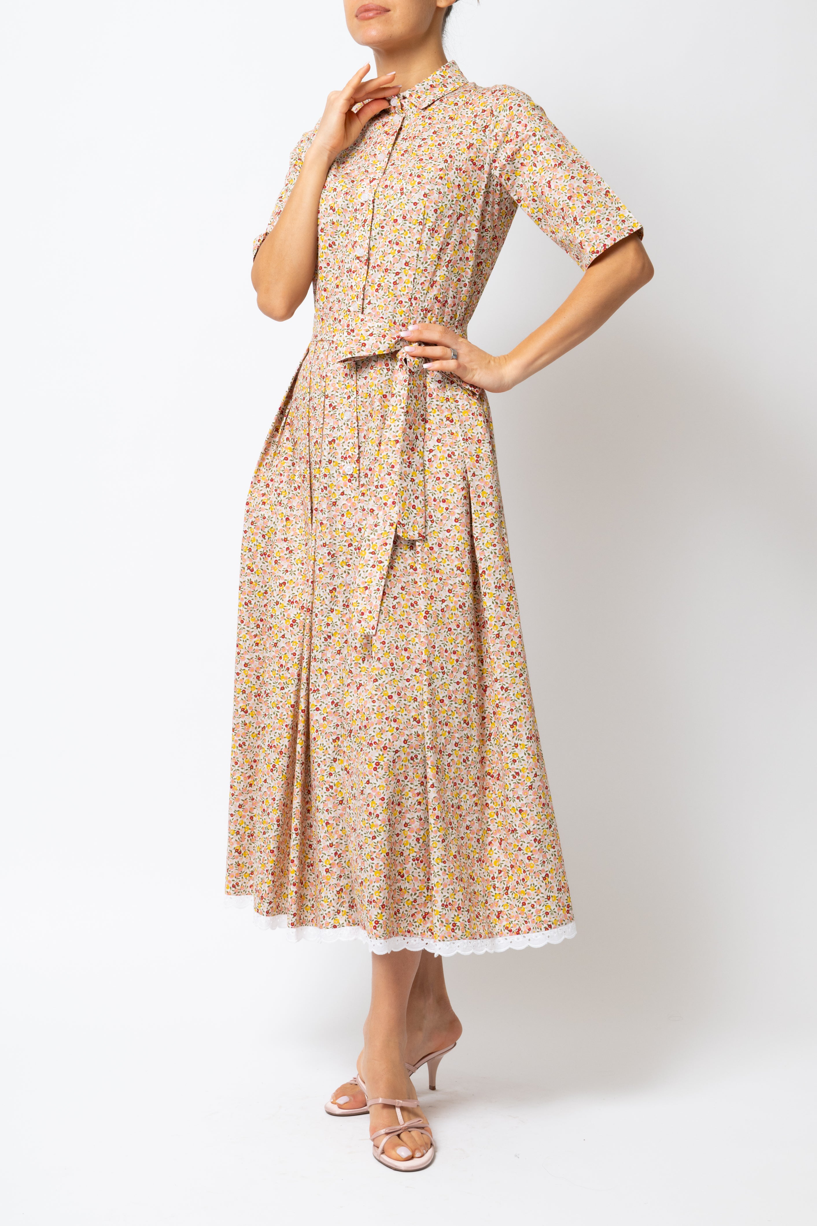 Rochie Camasa Midi, din Bumbac, cu Flori Multicolor pe Alb