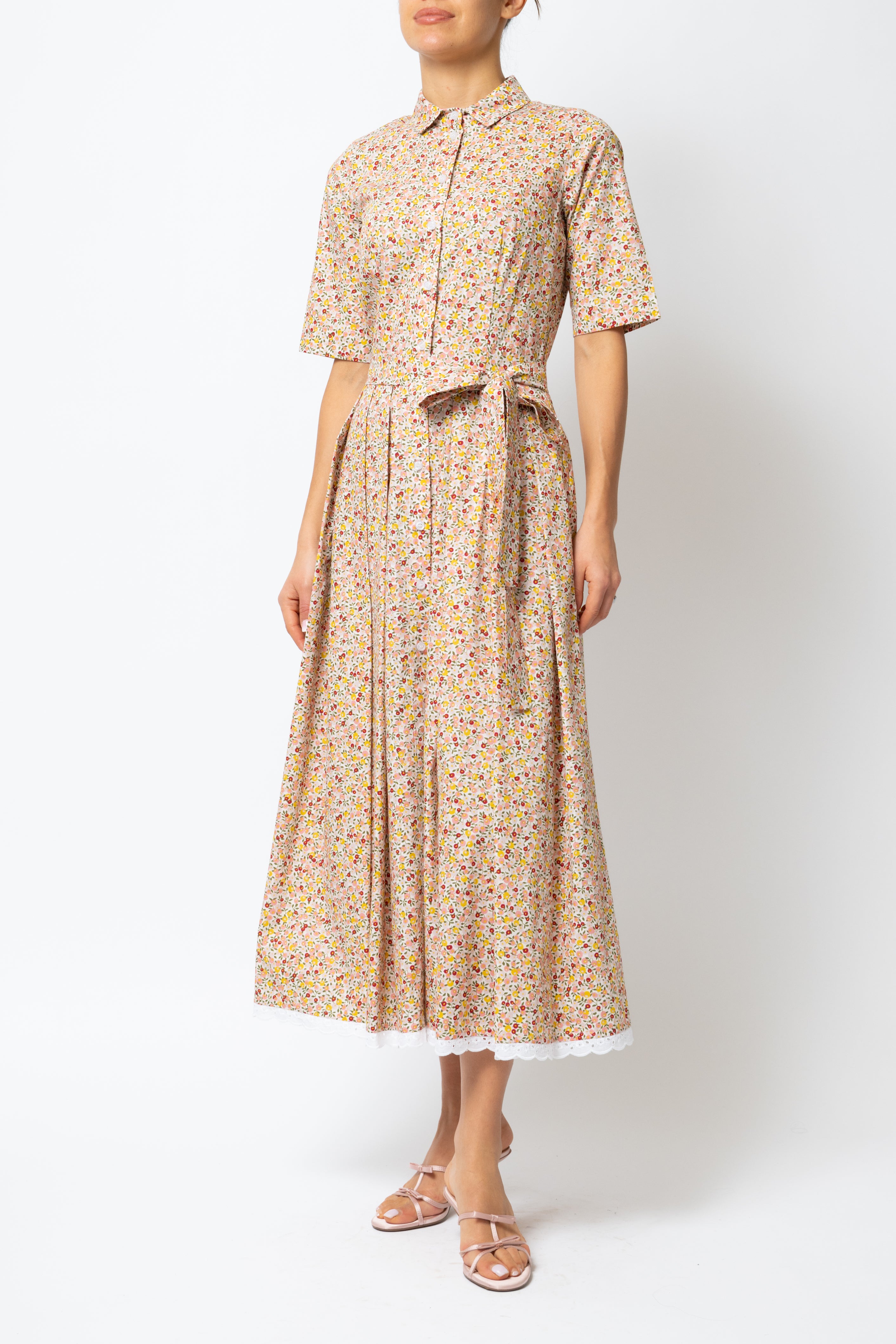 Rochie Camasa Midi, din Bumbac, cu Flori Multicolor pe Alb