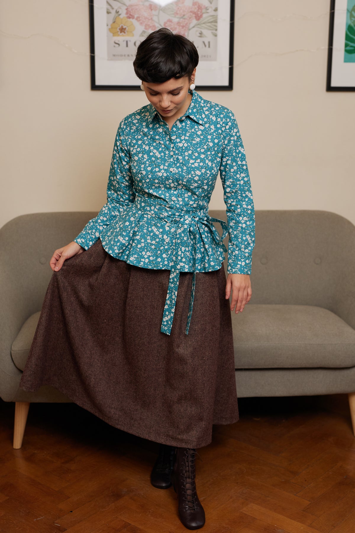 Wide Midi Skirt with Pleated Small Check Wool, Grey