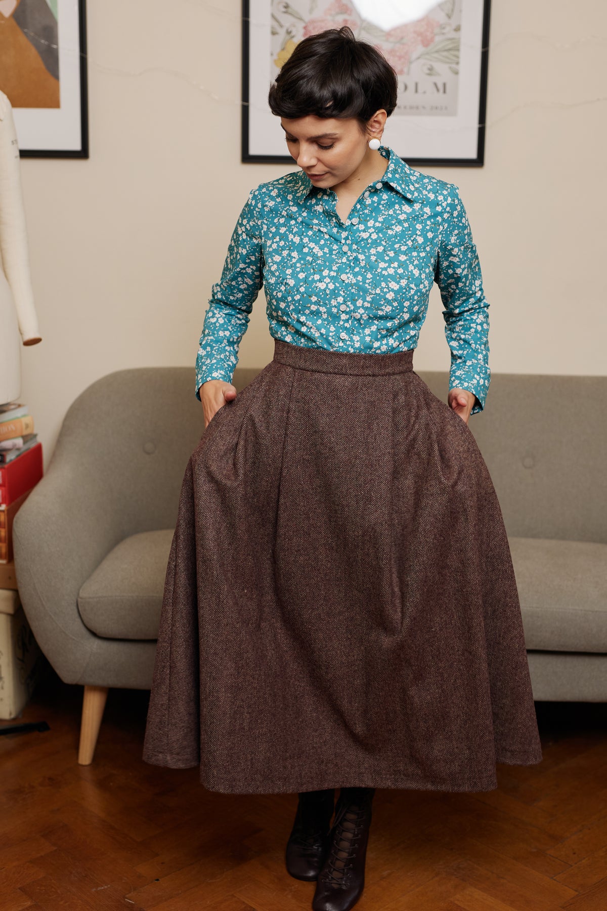 Wide Midi Skirt with Pleated Small Check Wool, Grey