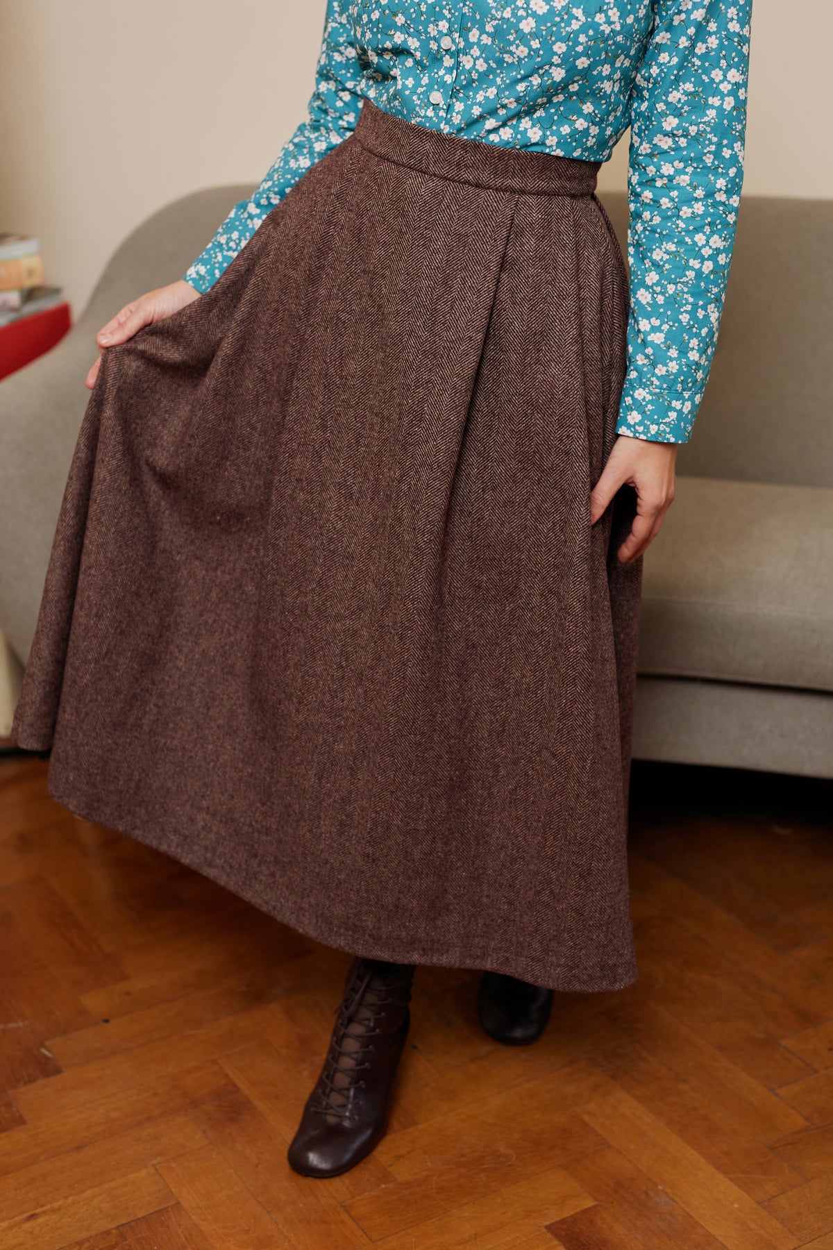 Wide Midi Skirt with Pleated Small Check Wool, Grey