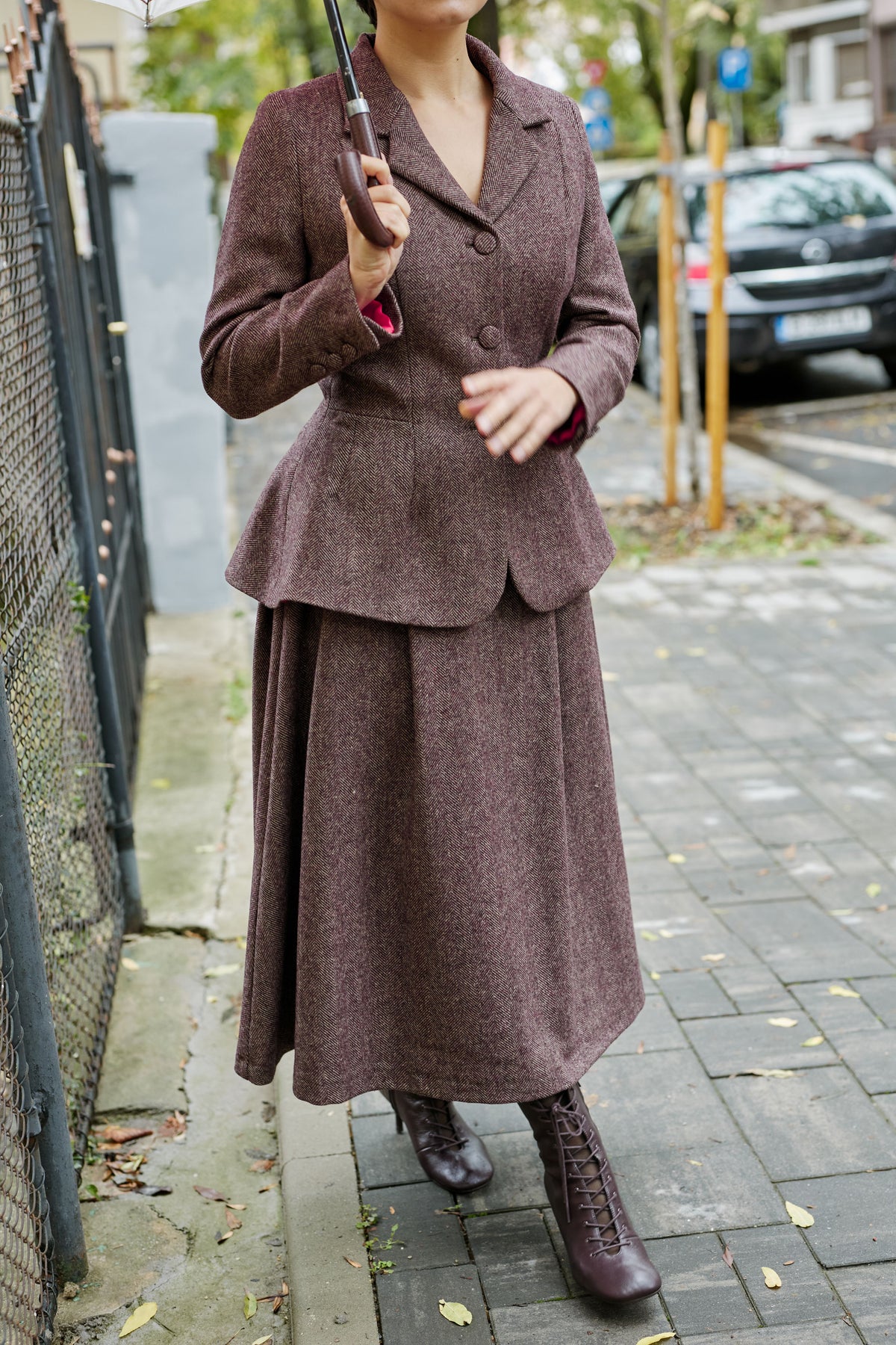 Wide Midi Skirt with Pleated Small Check Wool, Grey