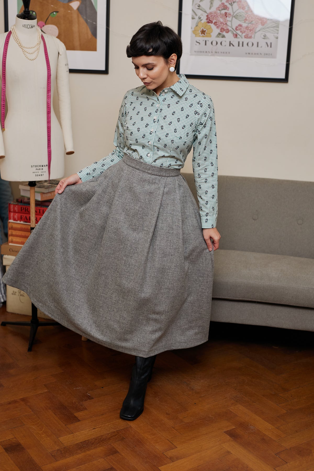Wide Midi Skirt with Pleated Small Check Wool, Grey