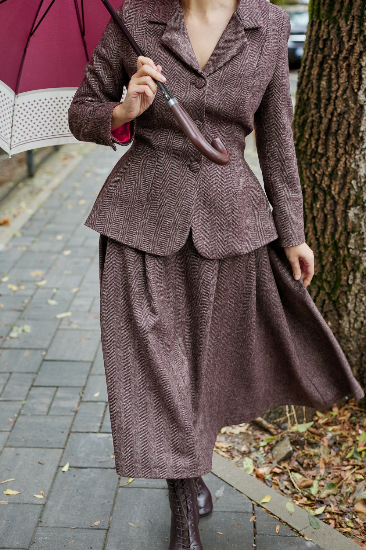 Wide Midi Skirt with Pleated Small Check Wool, Grey