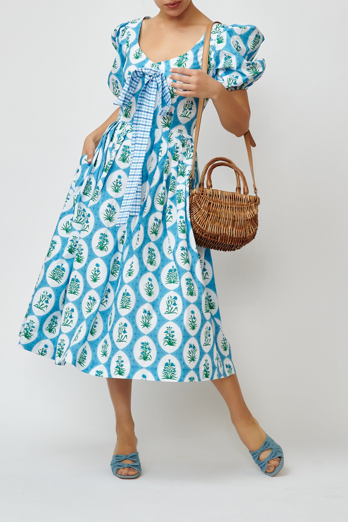 Rochie Midi cu Imprimeu Aman din Bumbac, Bleu