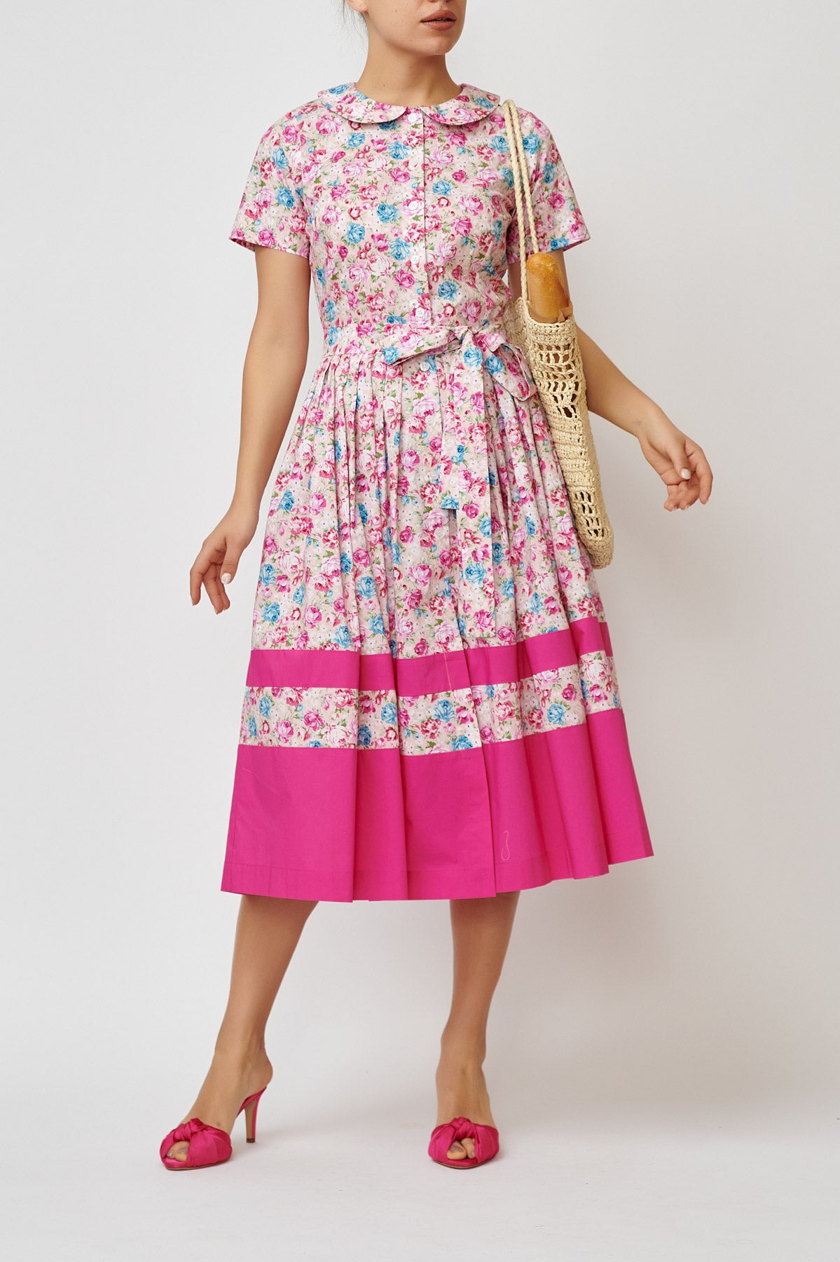 Floral Print Cotton Midi Shirt Dress, Pink