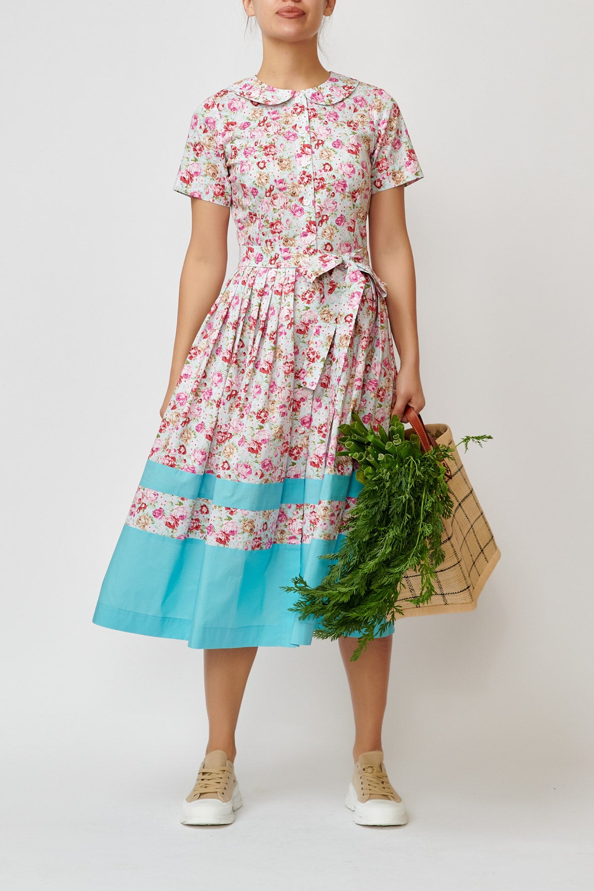 Rochie Camasa Midi cu Imprimeu Floral din Bumbac, Bleu Deschis