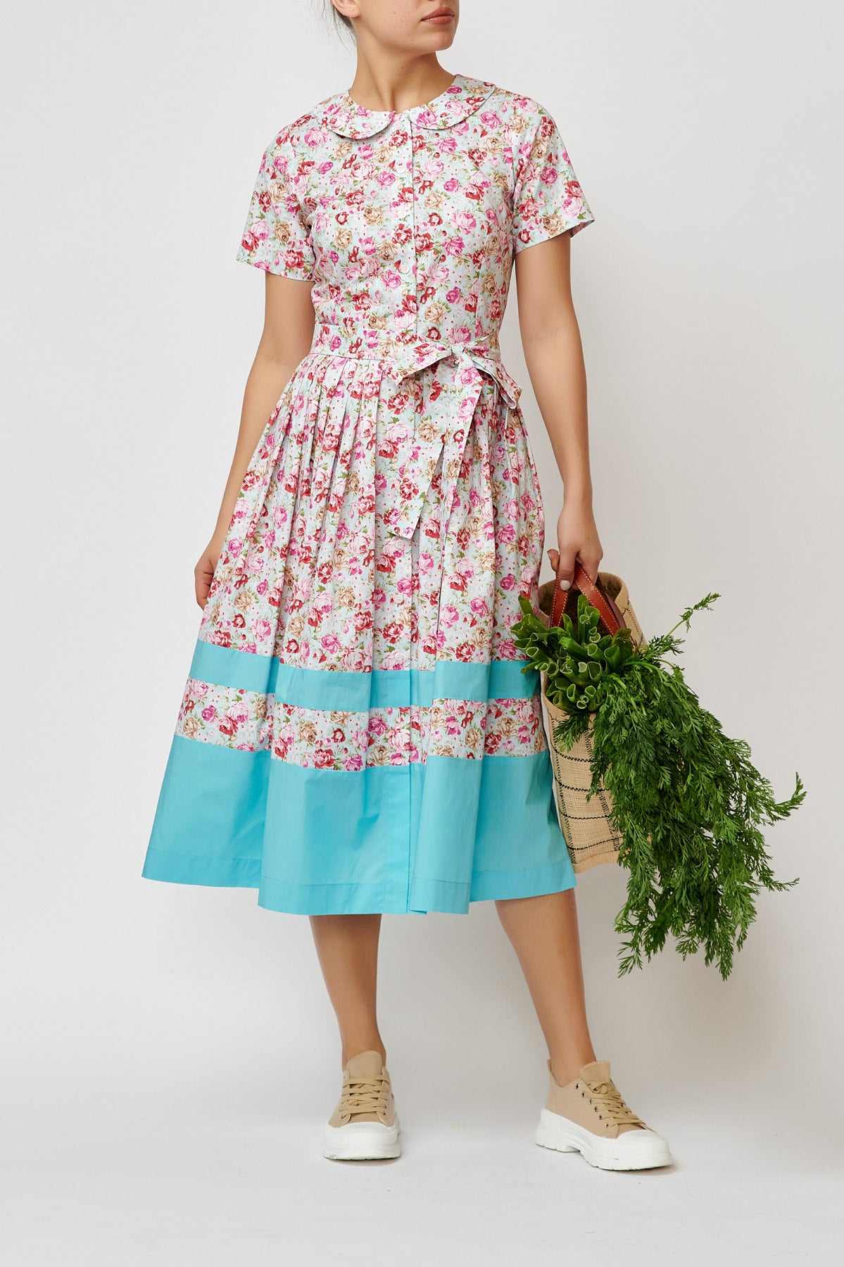 Rochie Camasa Midi cu Imprimeu Floral din Bumbac, Bleu Deschis