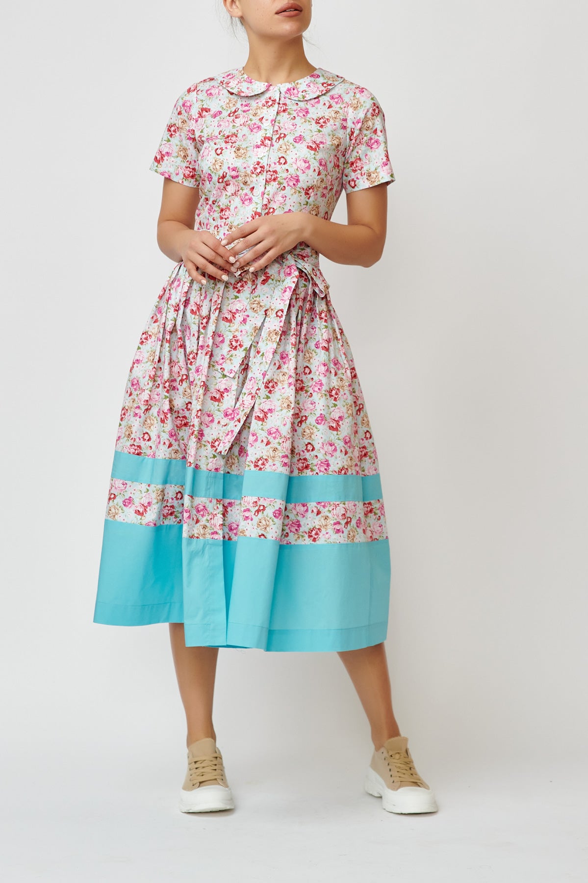 Floral Print Cotton Midi Shirt Dress, Light Blue