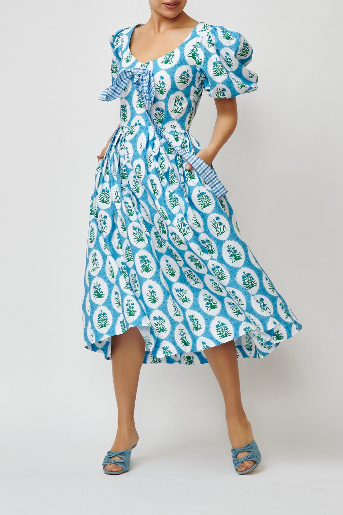 Rochie Midi cu Imprimeu Aman din Bumbac, Bleu