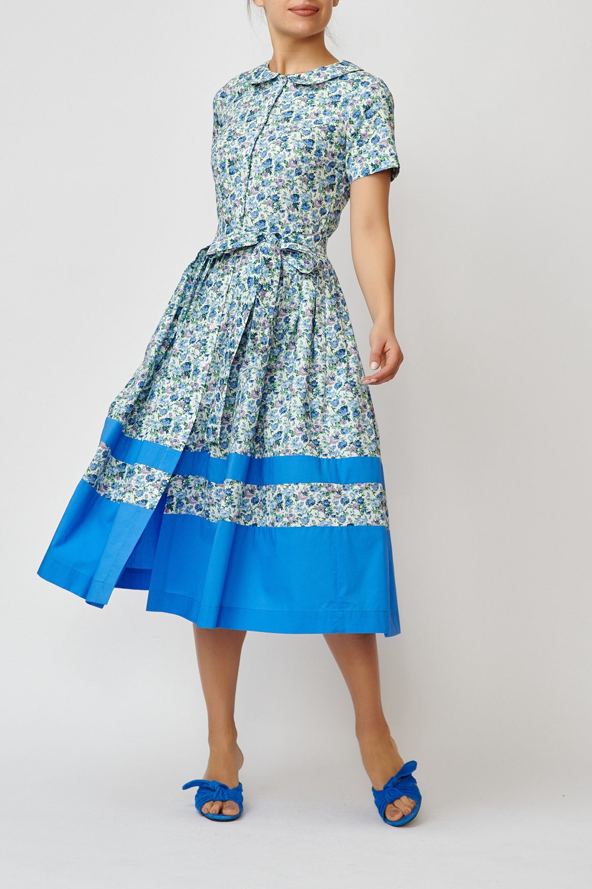 Floral Print Cotton Midi Shirt Dress, Blue