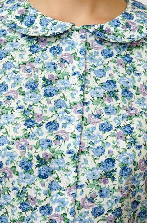 Floral Print Cotton Midi Shirt Dress, Blue