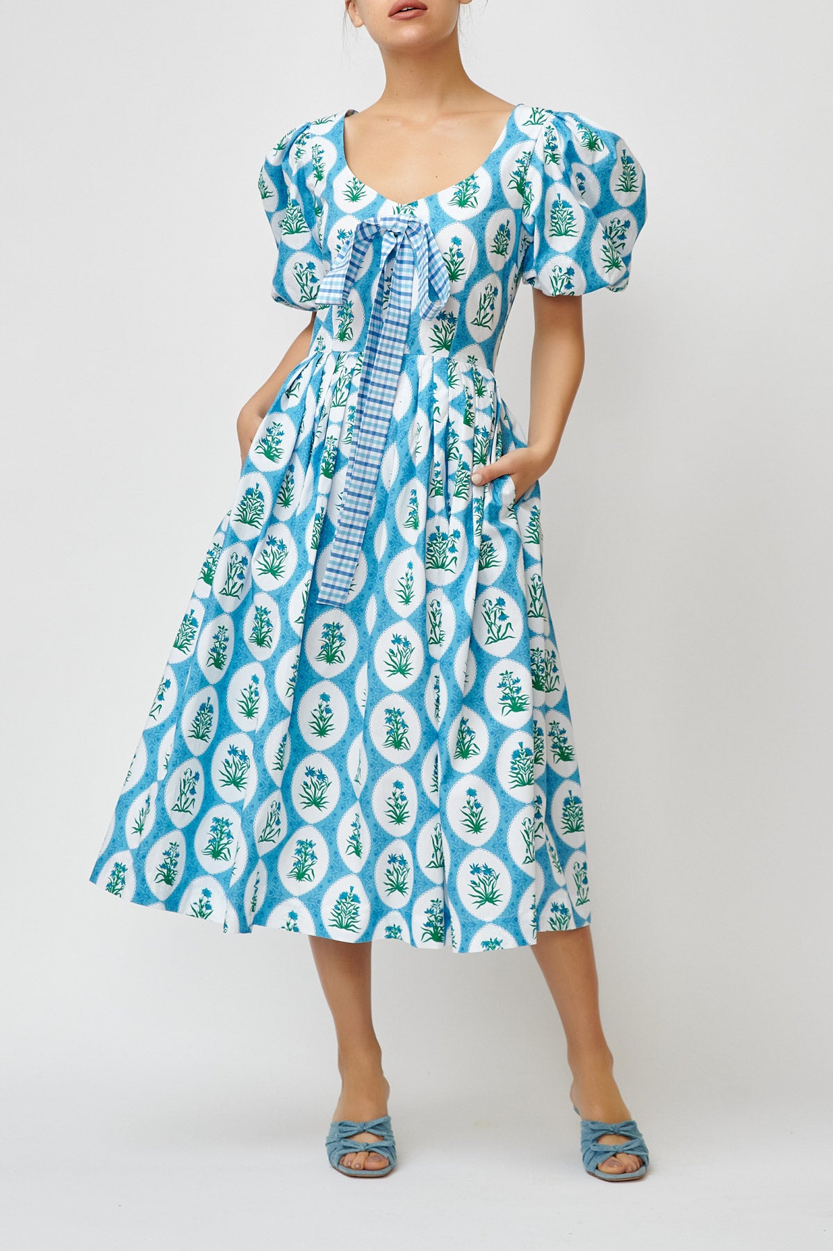 Rochie Midi cu Imprimeu Aman din Bumbac, Bleu