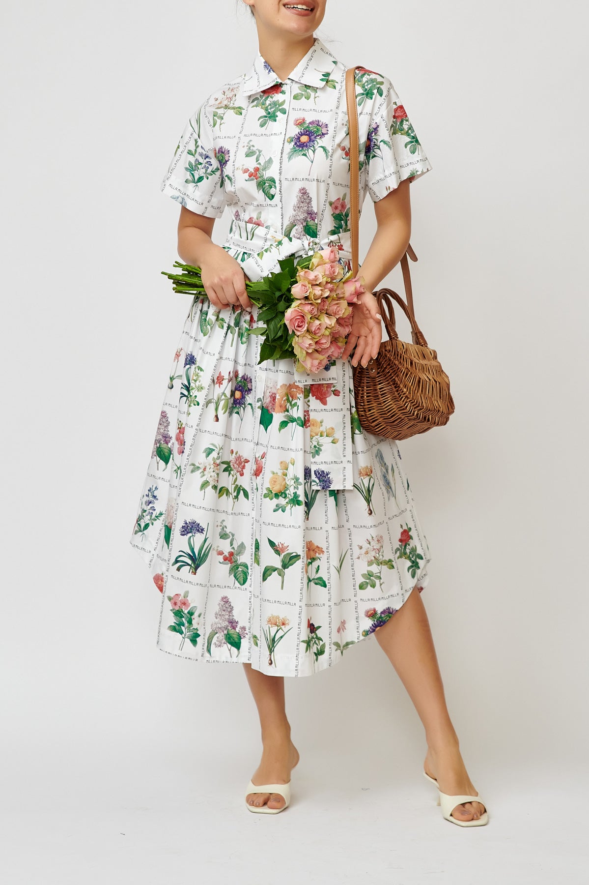 Rochie Camasa Midi cu Imprimeu Floral din Bumbac “Milla Milla”, Alba