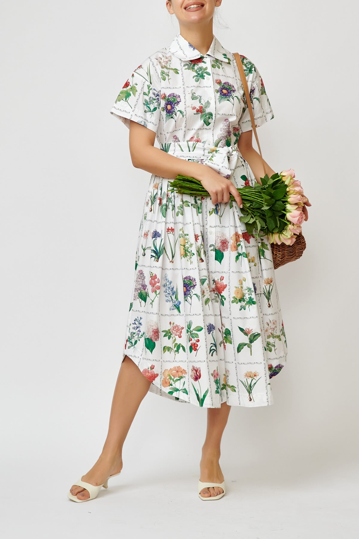 Rochie Camasa Midi cu Imprimeu Floral din Bumbac “Milla Milla”, Alba