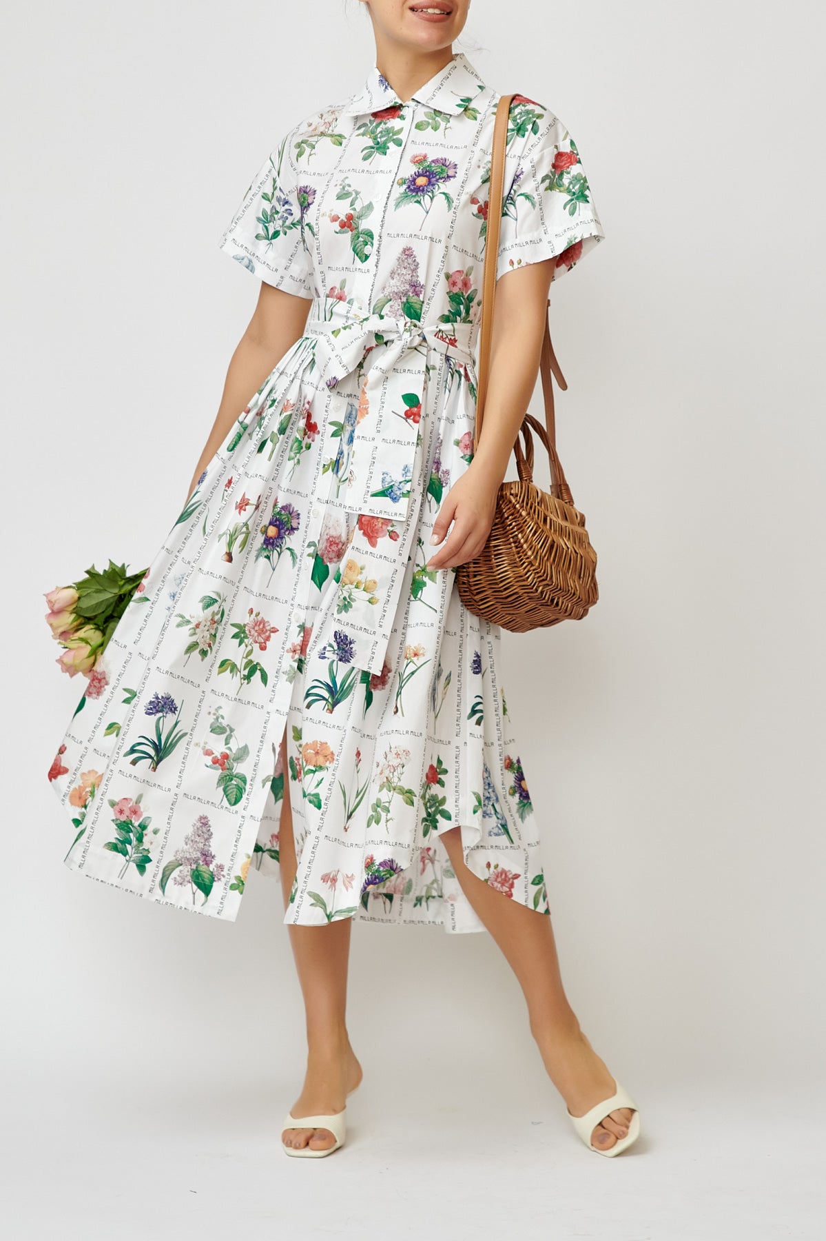 Rochie Camasa Midi cu Imprimeu Floral din Bumbac “Milla Milla”, Alba