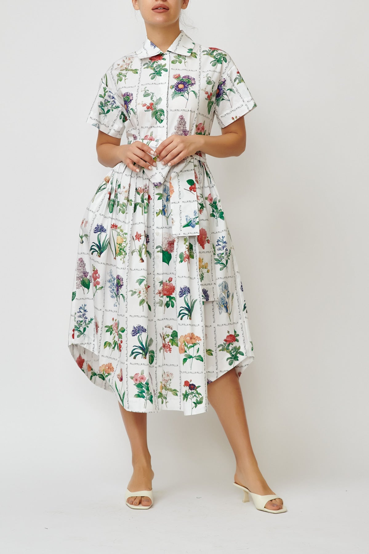 Rochie Camasa Midi cu Imprimeu Floral din Bumbac “Milla Milla”, Alba