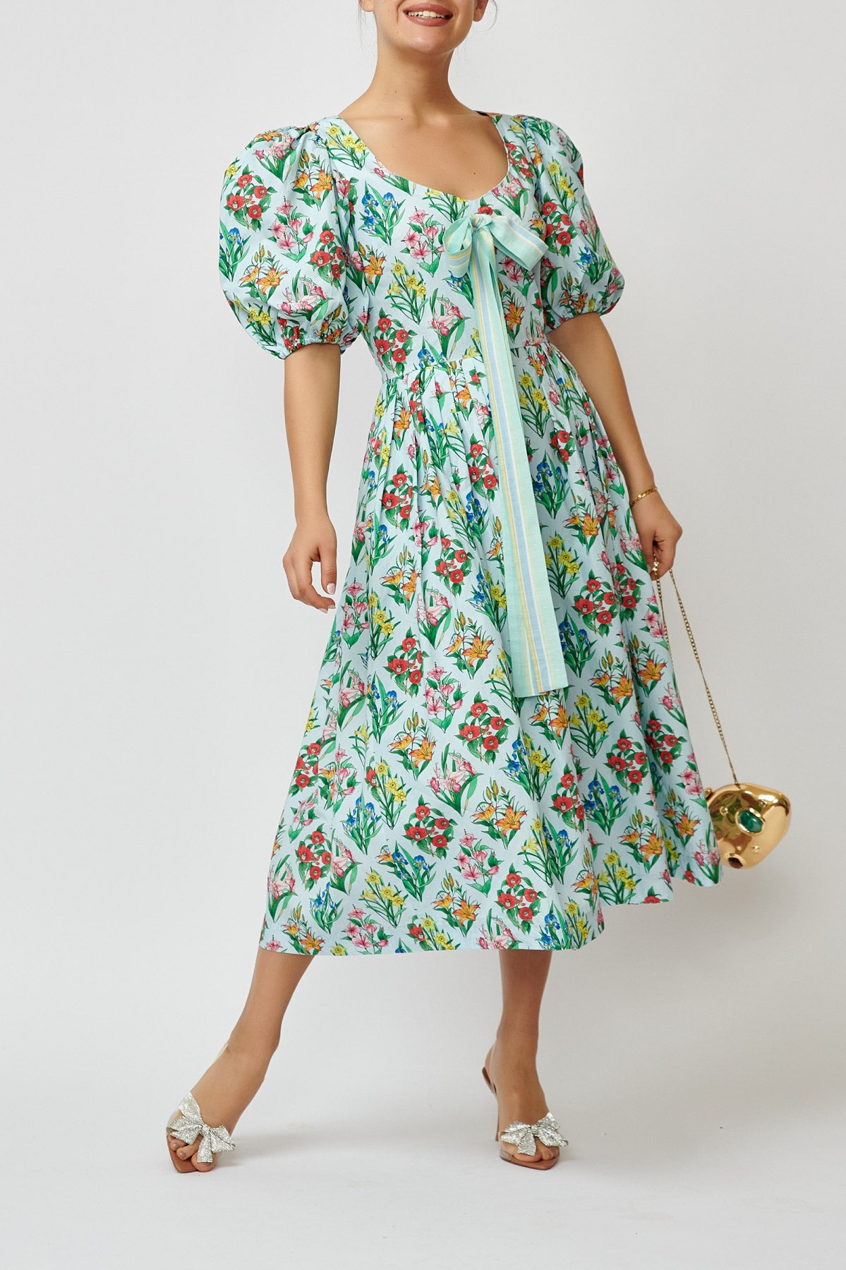 Rochie Midi cu Imprimeu Multicolor din Bumbac, Bleu