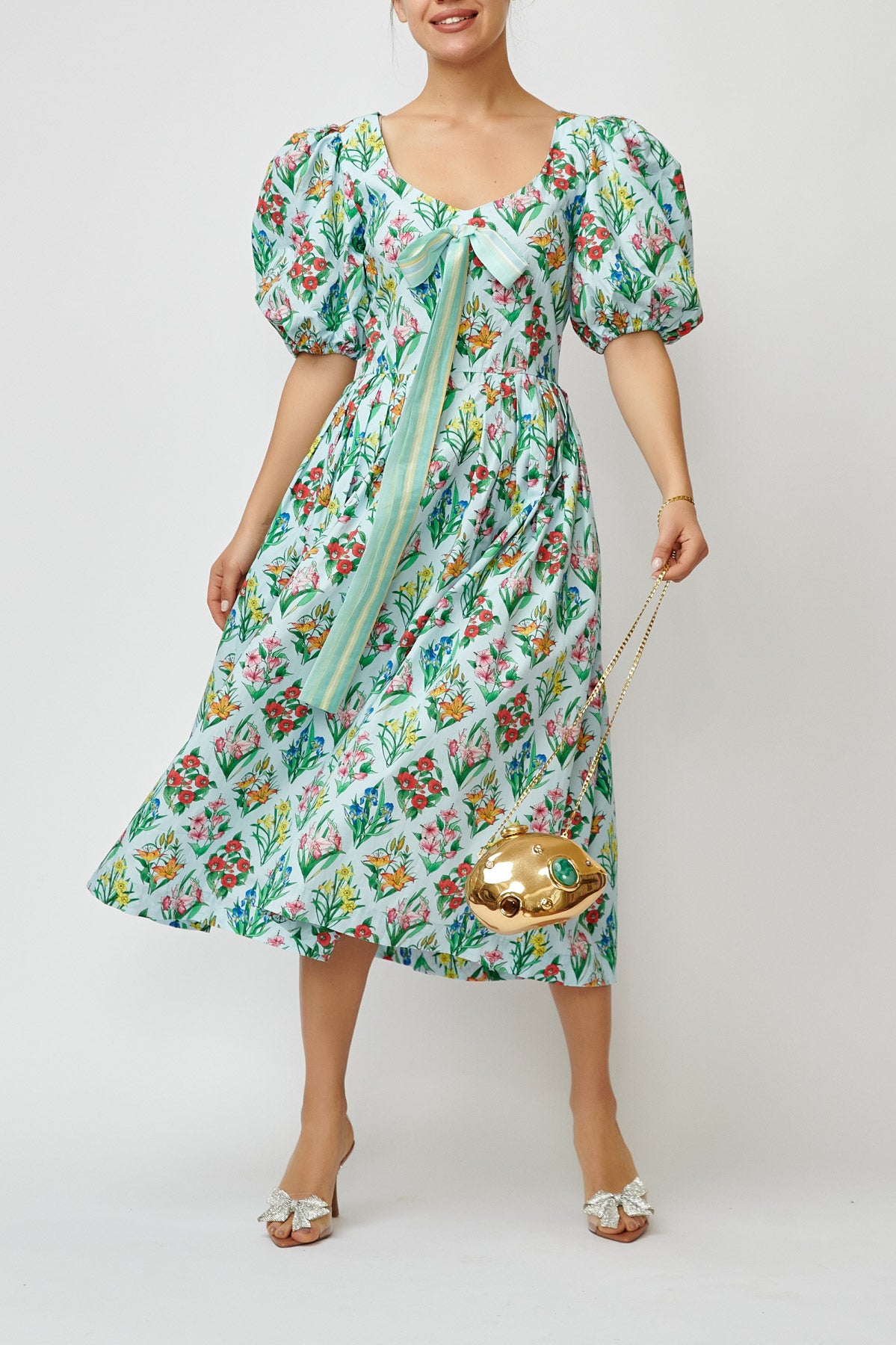 Rochie Midi cu Imprimeu Multicolor din Bumbac, Bleu