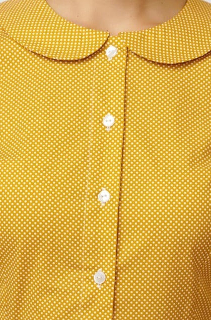 Cotton Printed Midi Shirt Dress, Mustard Yellow