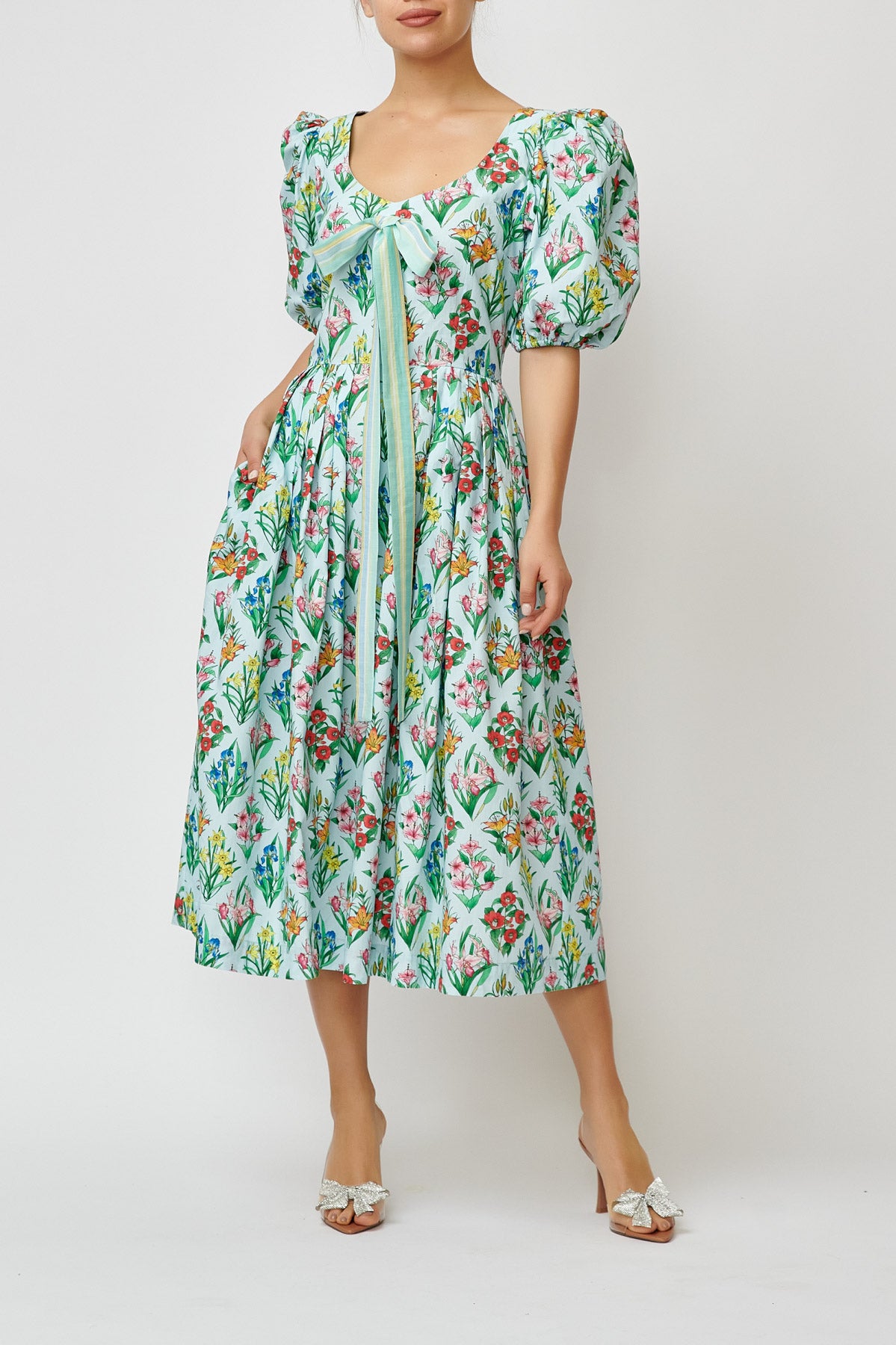 Rochie Midi cu Imprimeu Multicolor din Bumbac, Bleu