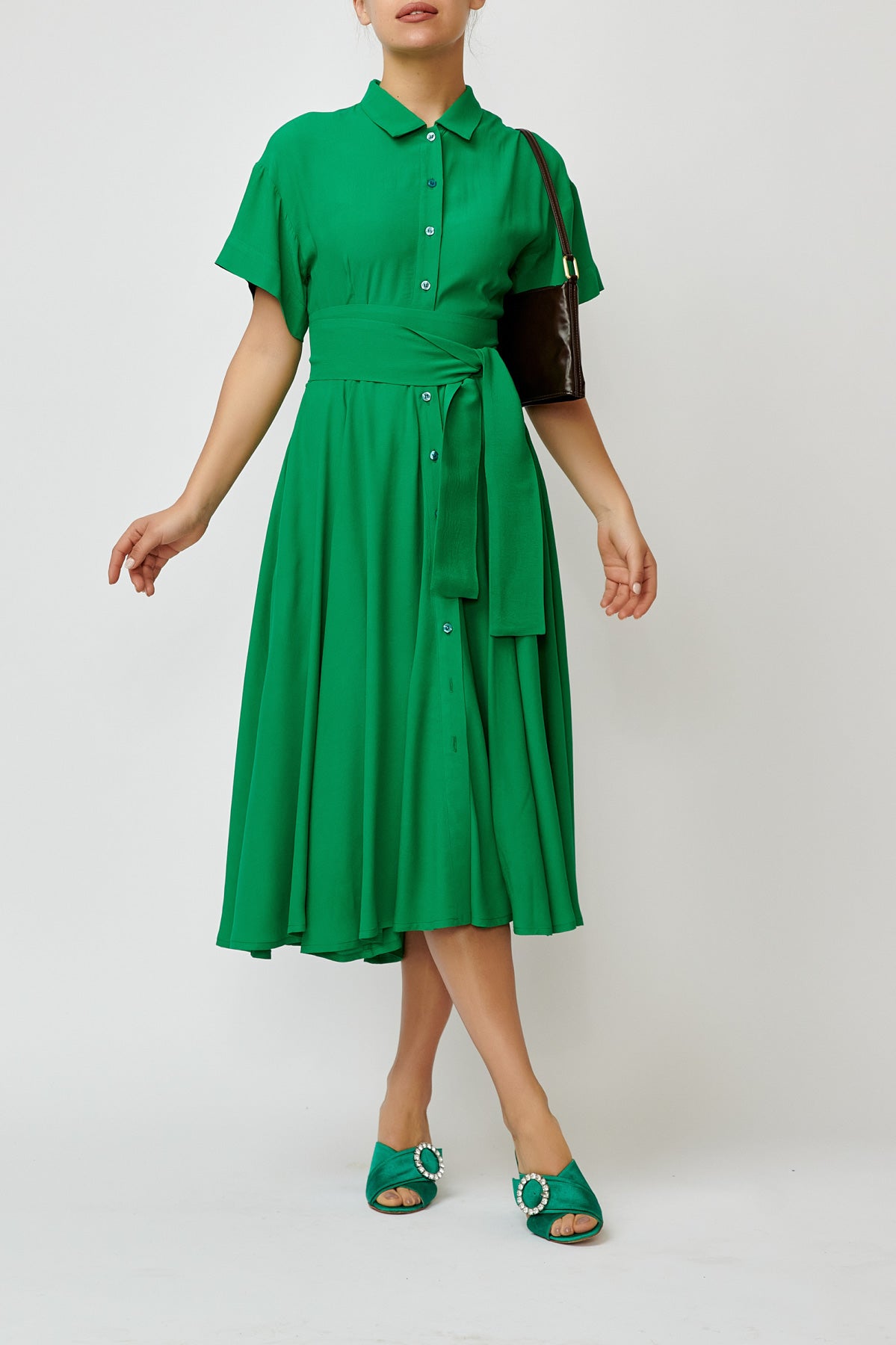 Midi Viscose Shirt Dress, Green