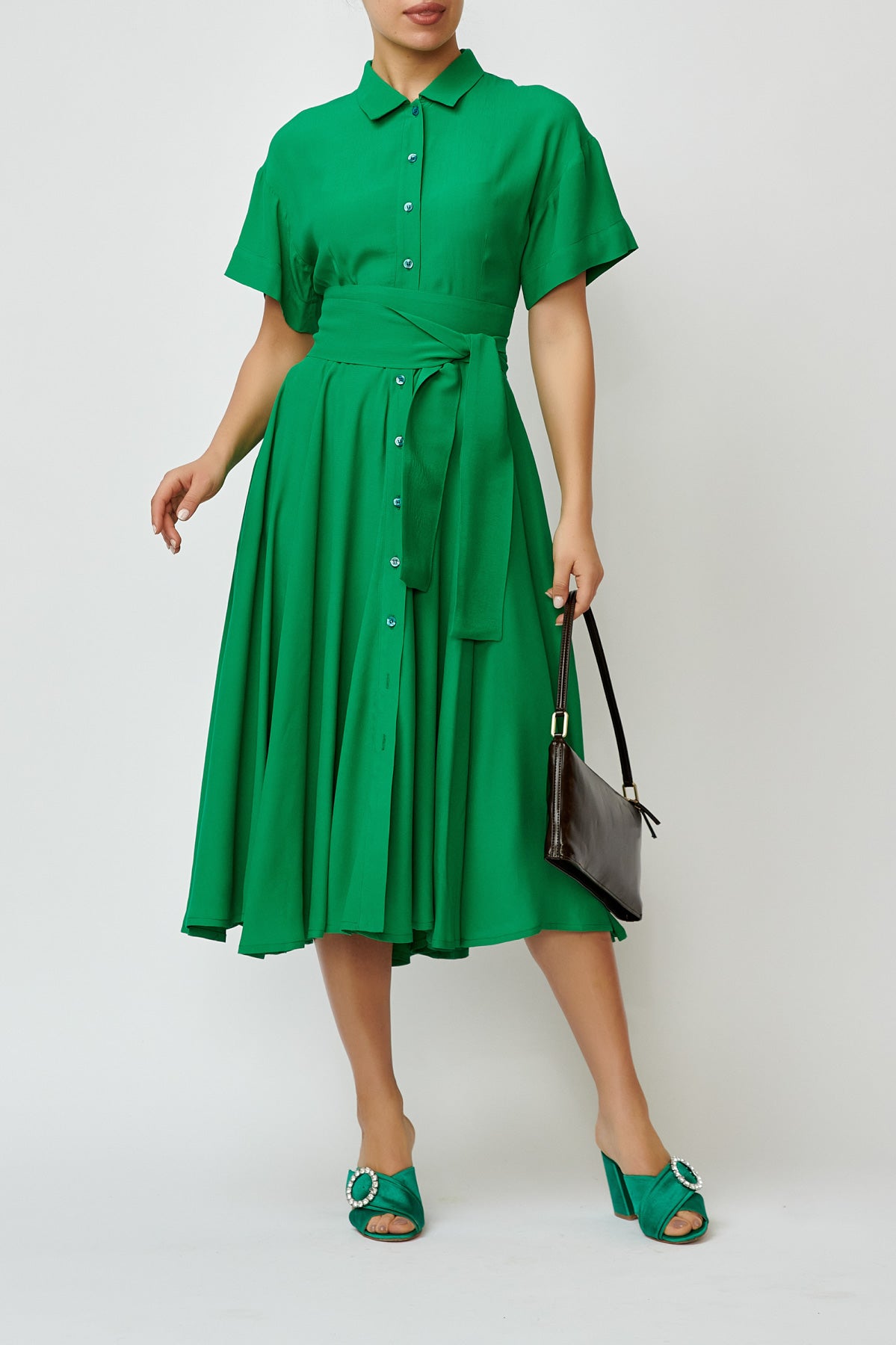 Midi Viscose Shirt Dress, Green