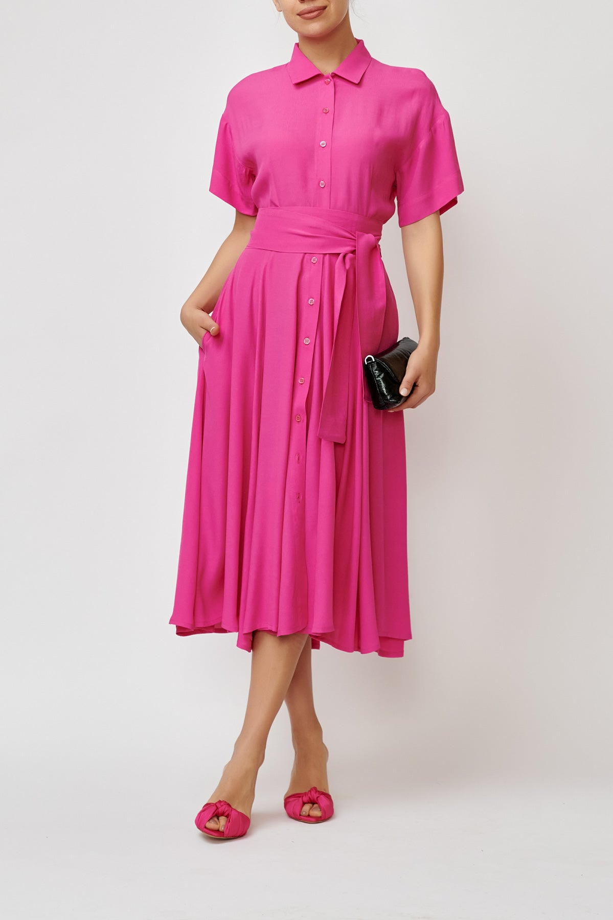 Midi Viscose Shirt Dress, Fuchsia Pink