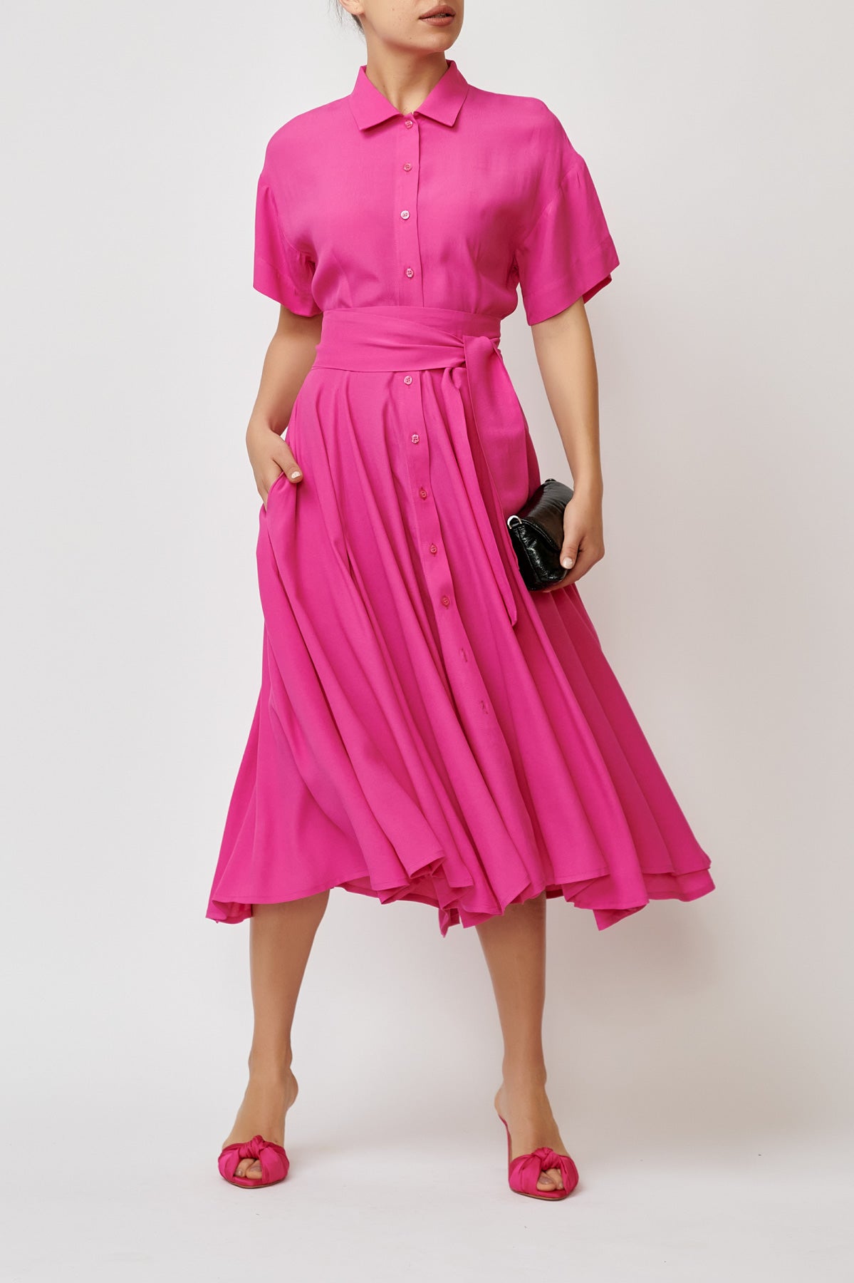 Rochie Camasa Midi din Viscoza, Roz Fuchsia