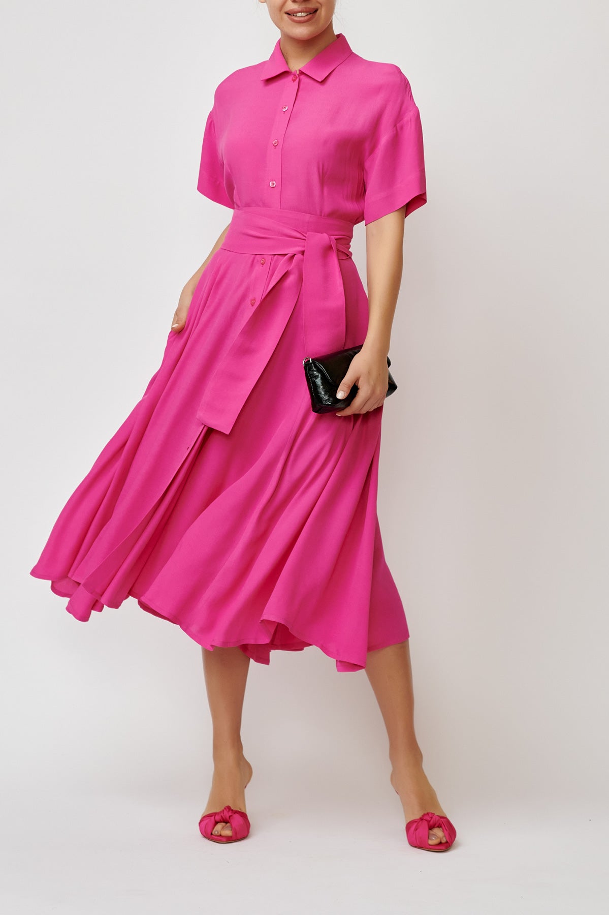 Rochie Camasa Midi din Viscoza, Roz Fuchsia