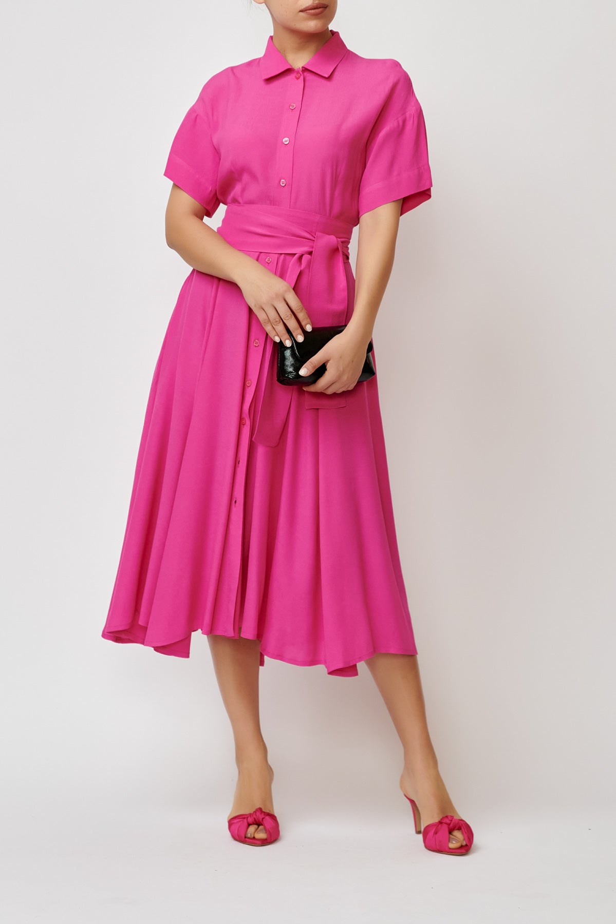 Midi Viscose Shirt Dress, Fuchsia Pink