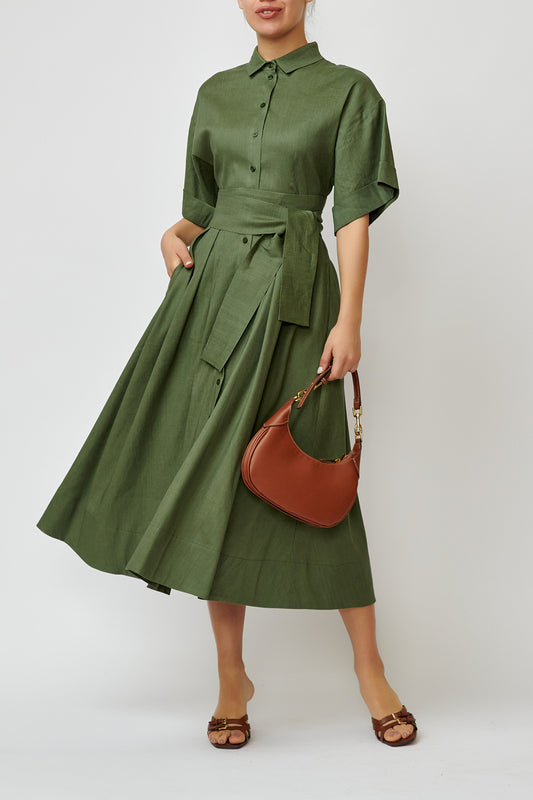 Linen shirt dress with green-khaki viscose