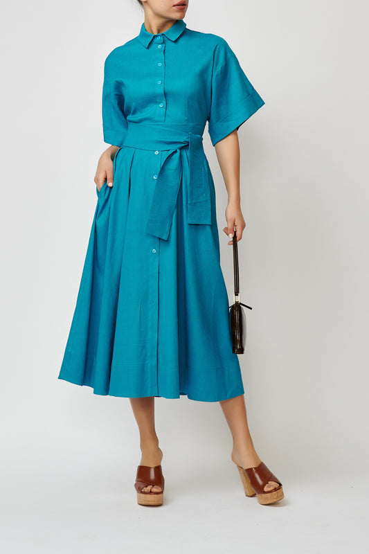 Linen shirt dress with turquoise viscose