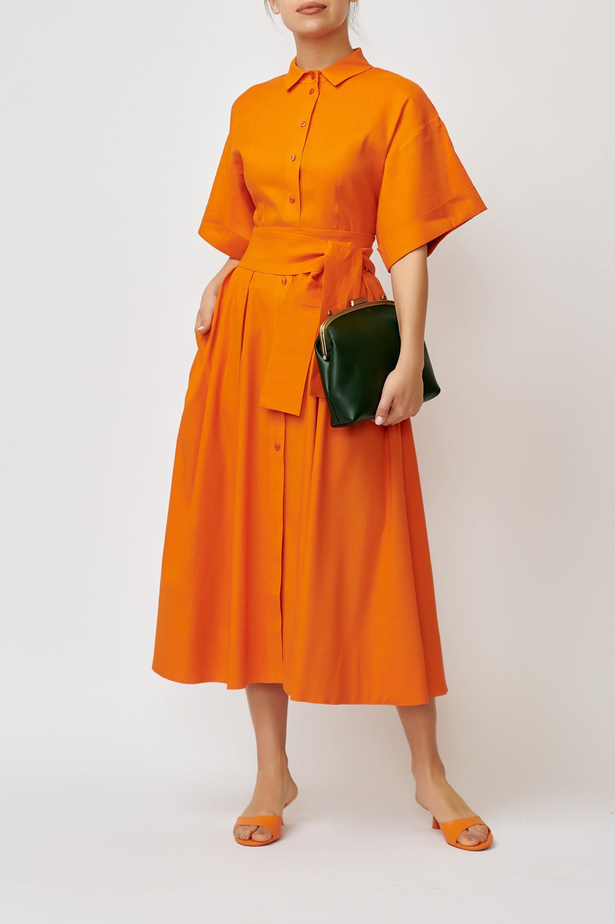 Rochie Camasa Midi din In cu Viscoza, Oranj