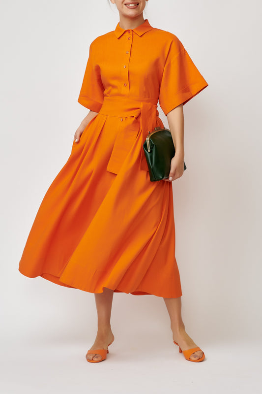 Linen shirt dress with orange viscose
