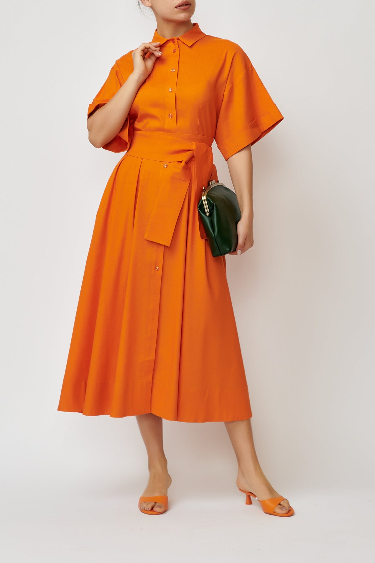 Rochie Camasa Midi din In cu Viscoza, Oranj