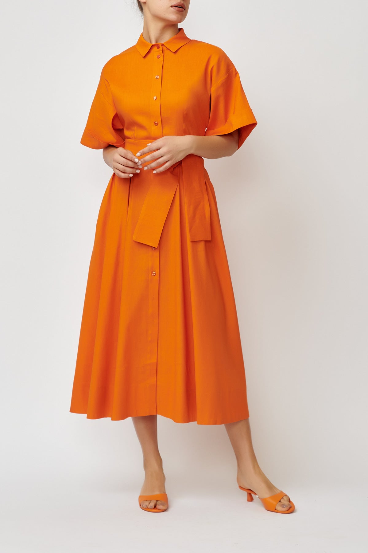 Rochie Camasa Midi din In cu Viscoza, Oranj