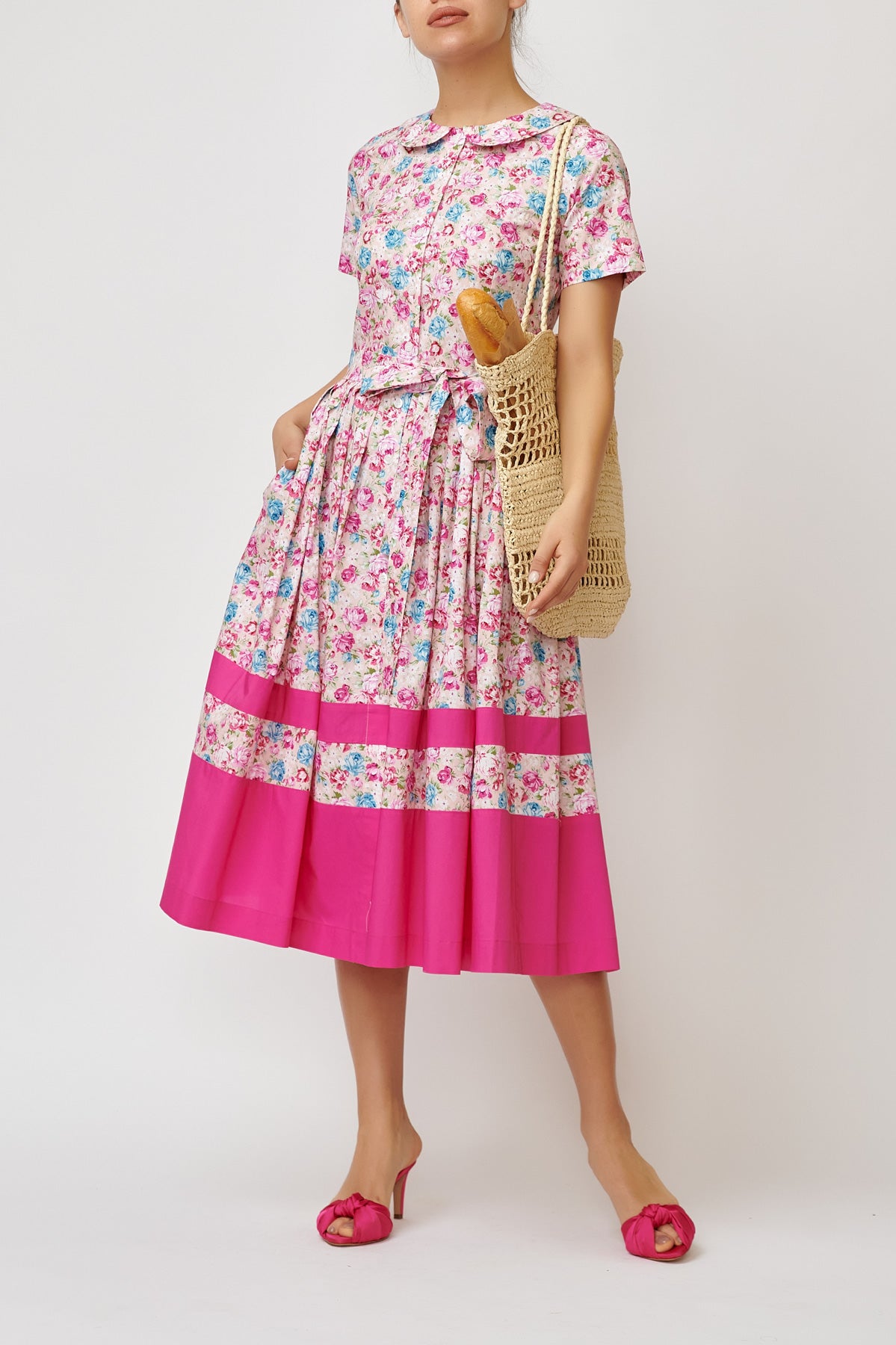 Rochie Camasa Midi cu Imprimeu Floral din Bumbac, Roz