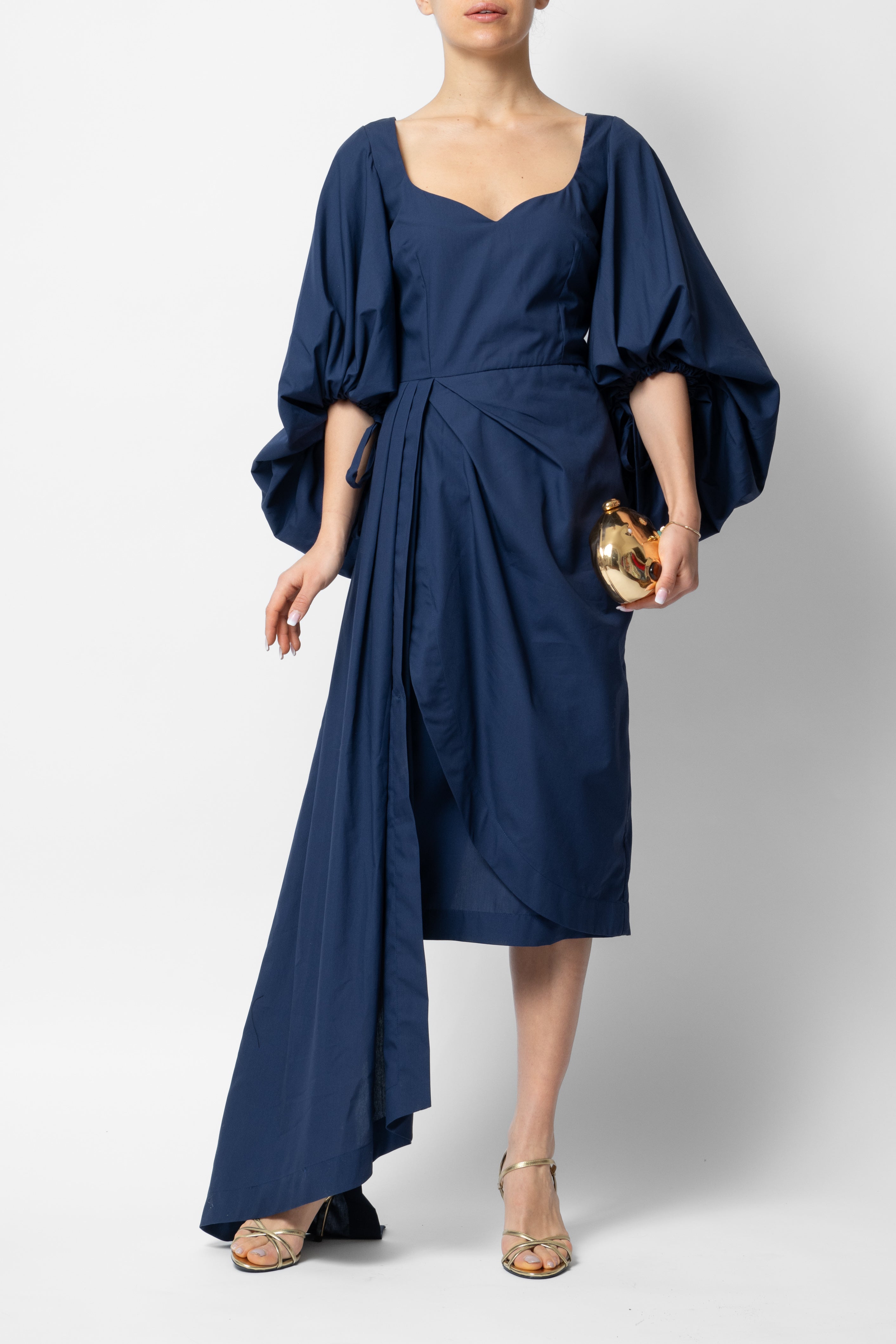 Rochie Midi cu Maneci Voluminoase din Bumbac, Negru-Bleumarin