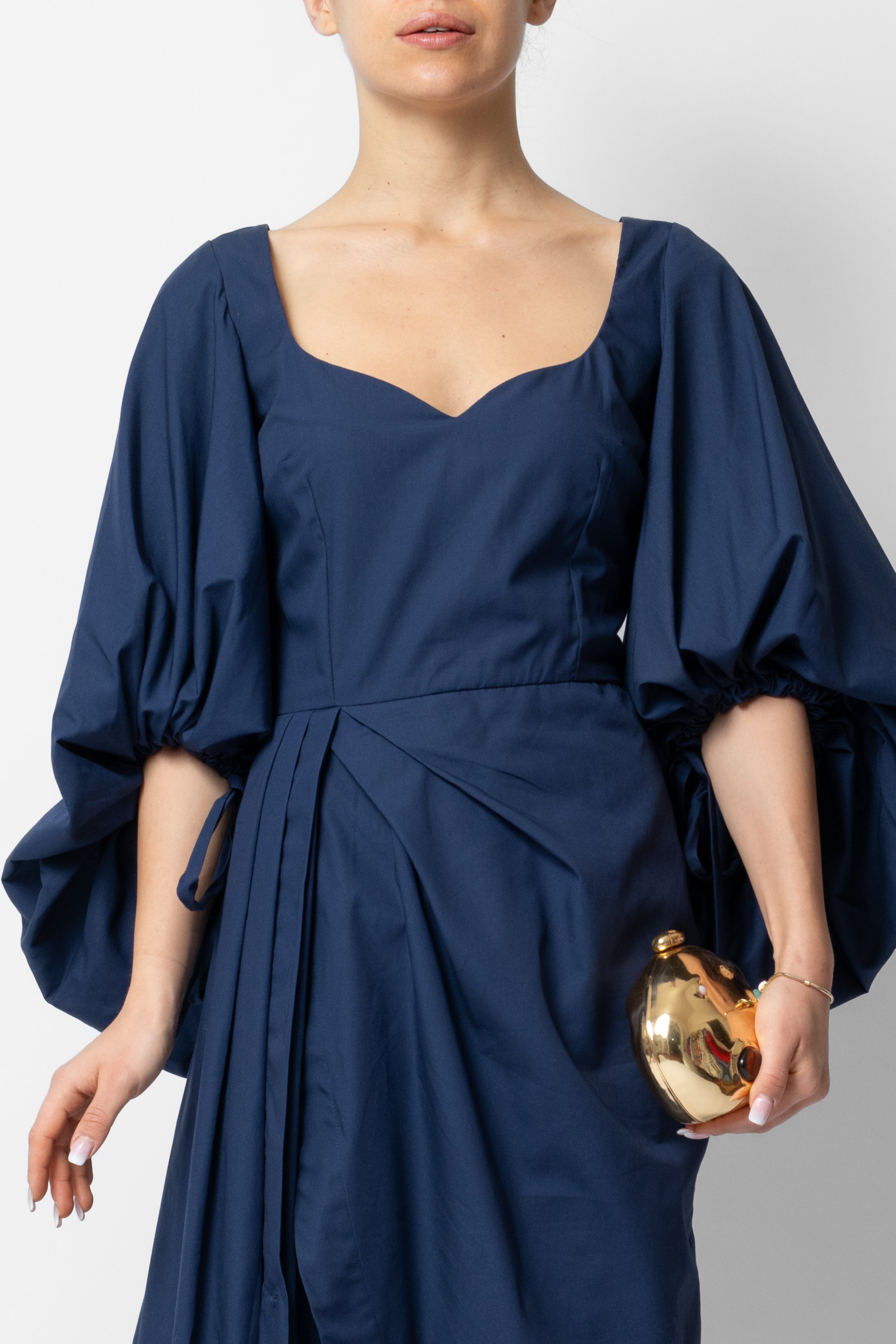 Rochie Midi cu Maneci Voluminoase din Bumbac, Negru-Bleumarin