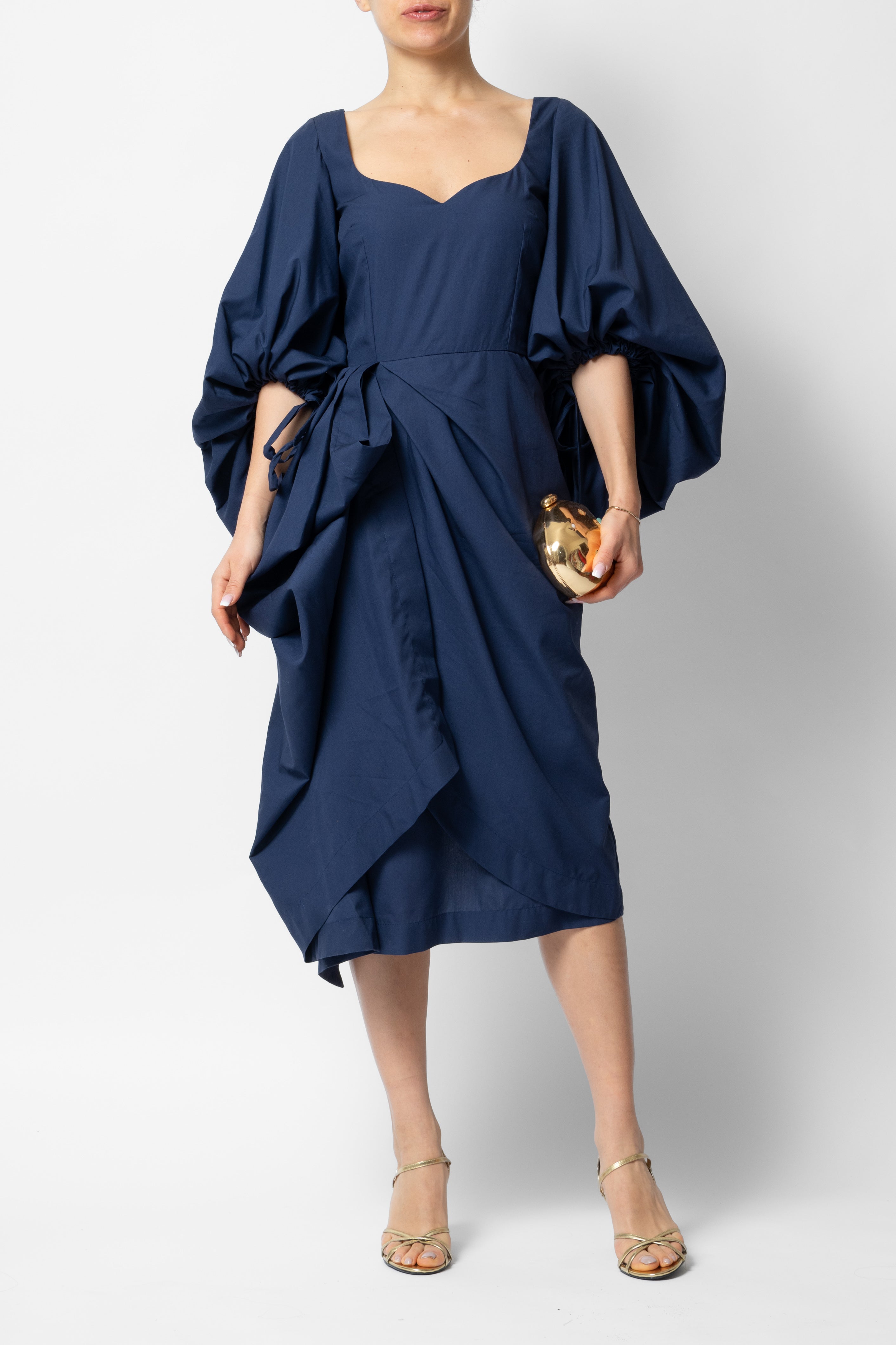 Rochie Midi cu Maneci Voluminoase din Bumbac, Negru-Bleumarin