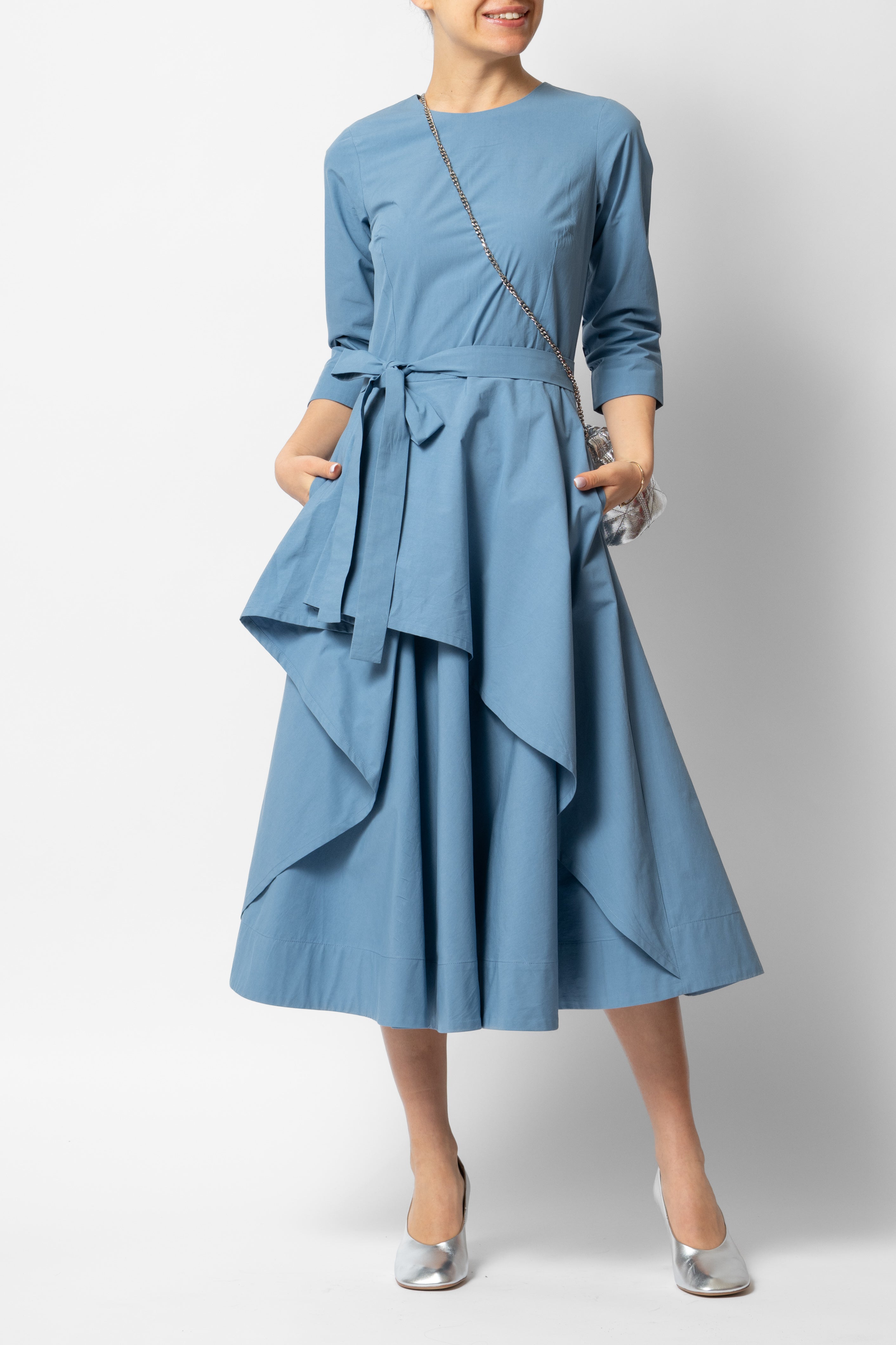 Cotton Semi-Clos Midi Dress, Blue