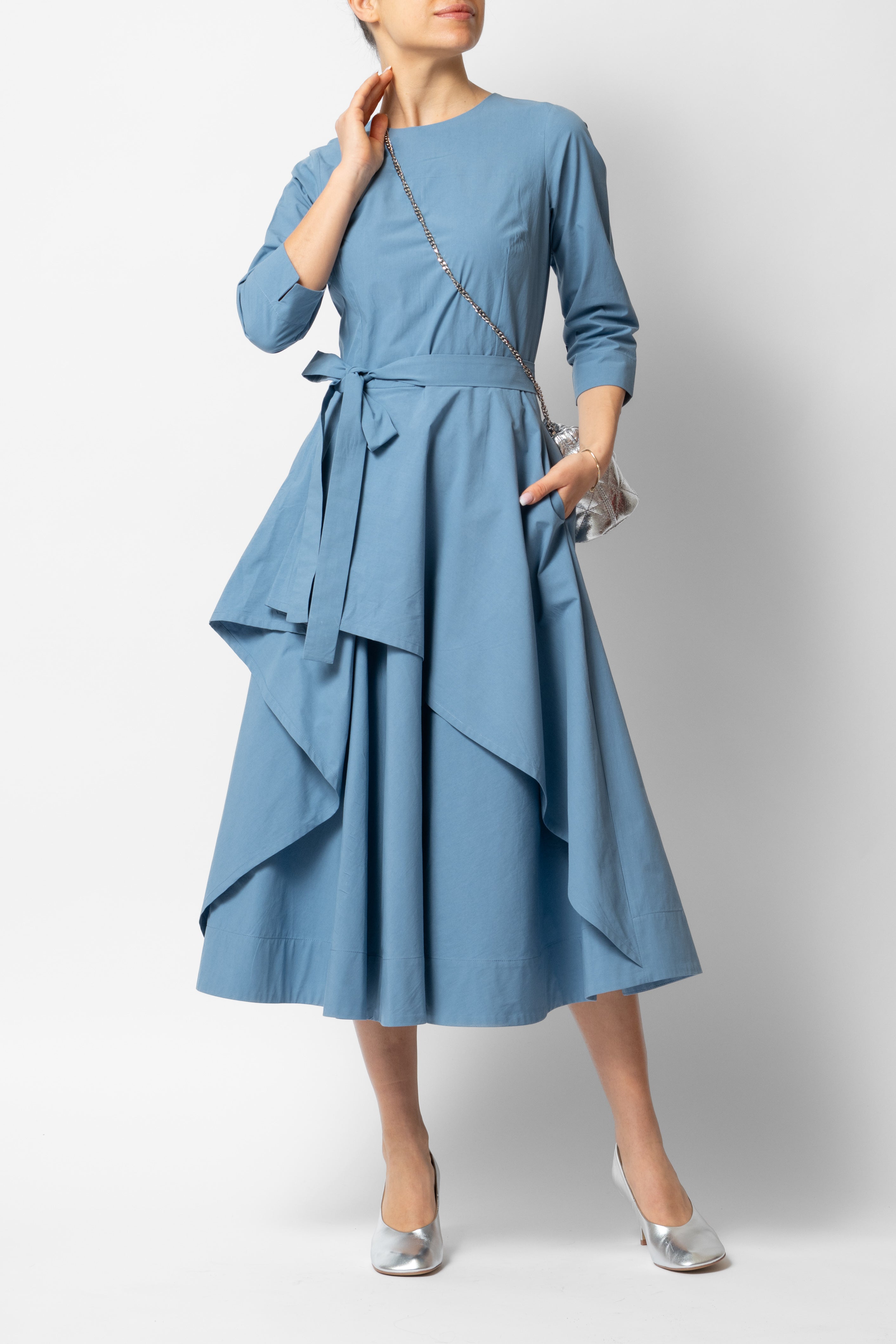 Cotton Semi-Clos Midi Dress, Blue